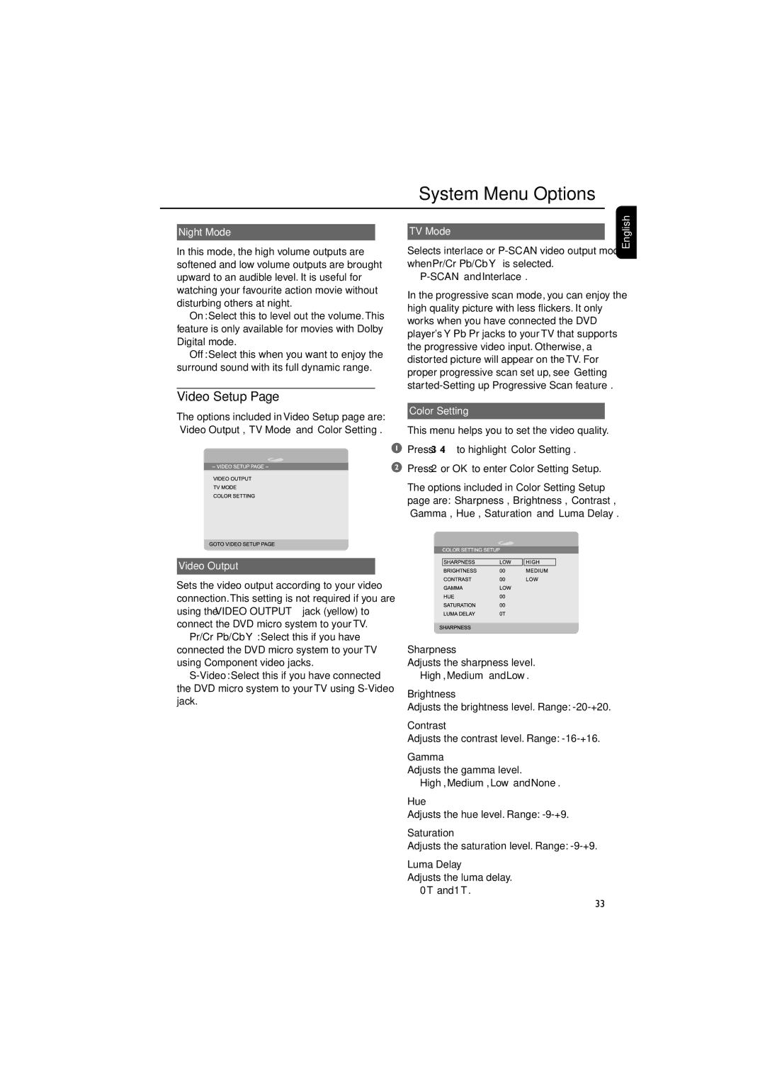 Philips MCD718 owner manual Video Setup, Night Mode, TV Mode, Video Output, Color Setting 