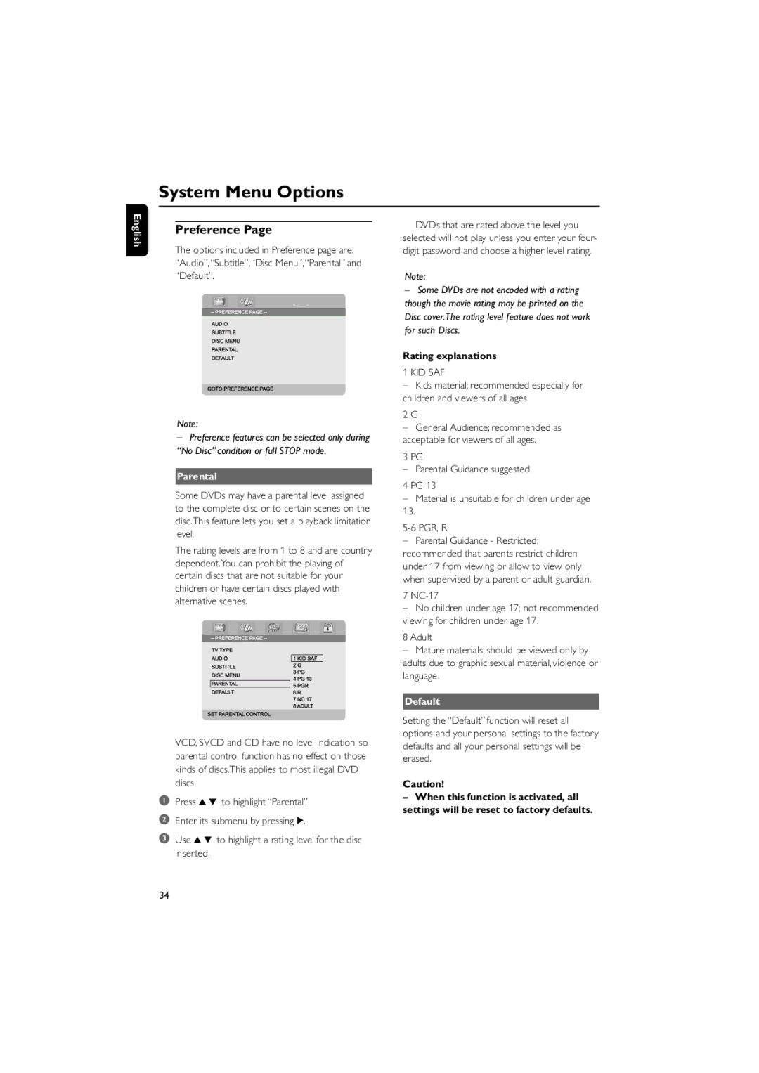 Philips MCD718 owner manual Preference, Parental, Rating explanations, NC-17, Default 