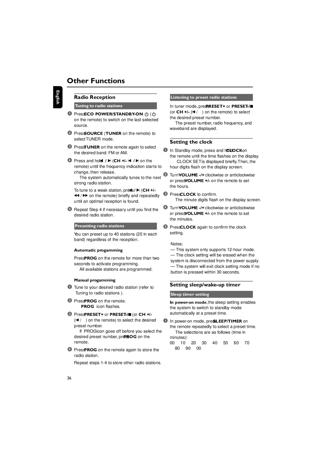 Philips MCD718 owner manual Other Functions, Radio Reception, Setting the clock, Setting sleep/wake-up timer 