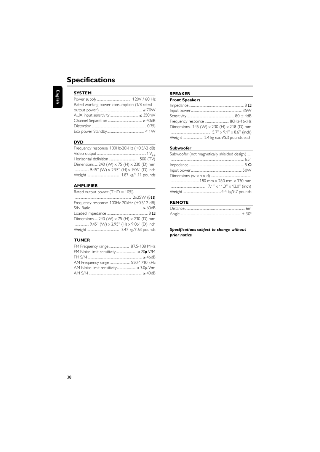 Philips MCD718 owner manual Specifications, Front Speakers, Subwoofer 