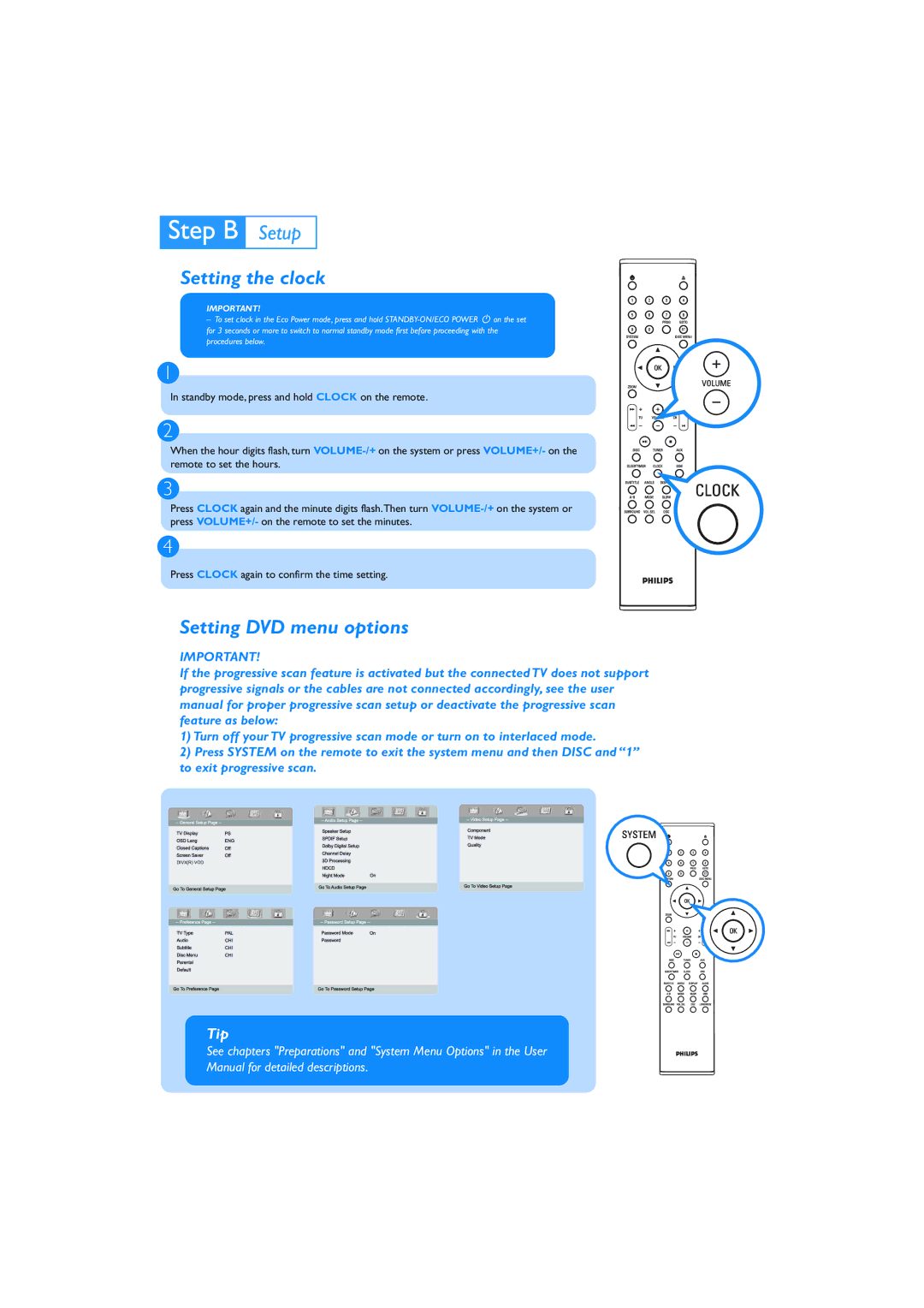 Philips MCD735 quick start Setting the clock, Setting DVD menu options 