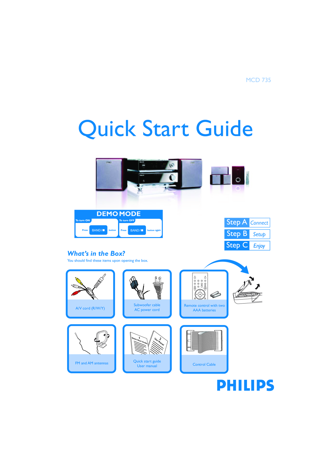 Philips MCD735 quick start What’s in the Box?, Quick Start Guide, You should find these items upon opening the box, Manual 