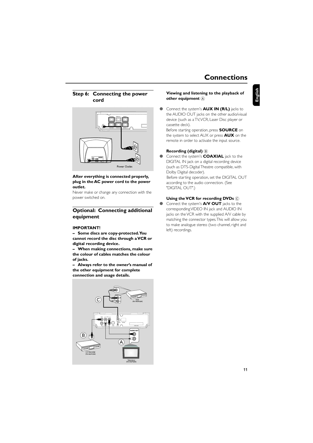 Philips MCD735/93 manual Connecting the power, Cord, Optional Connecting additional equipment 