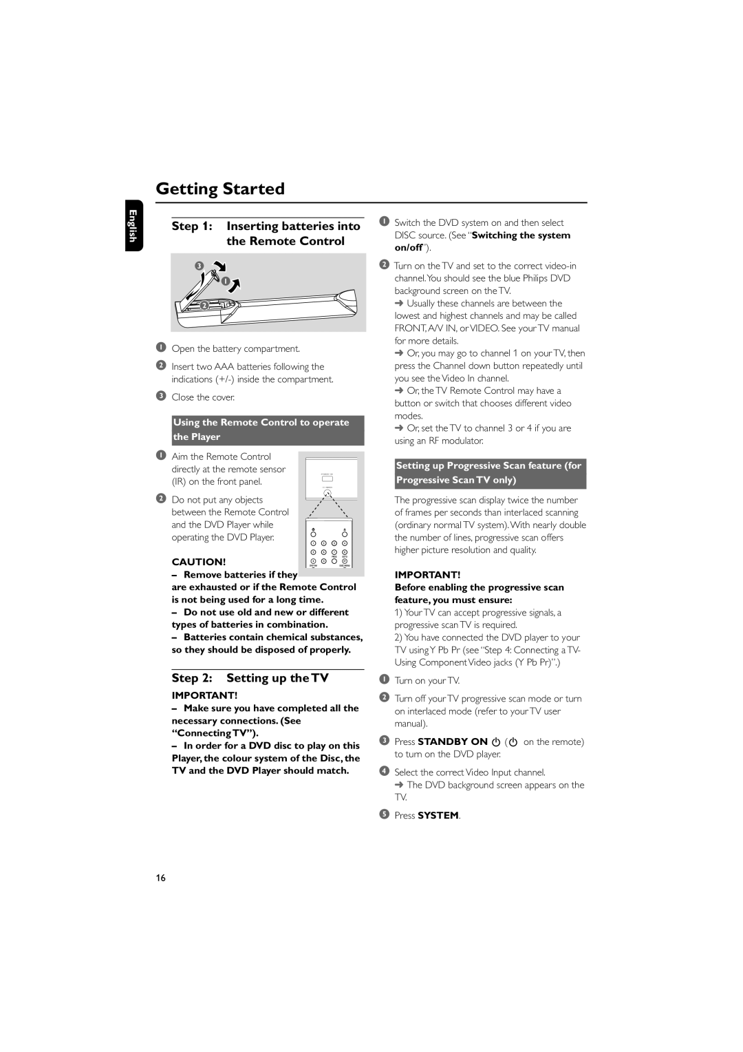 Philips MCD735/93 manual Getting Started, Inserting batteries into the Remote Control, Setting up the TV 