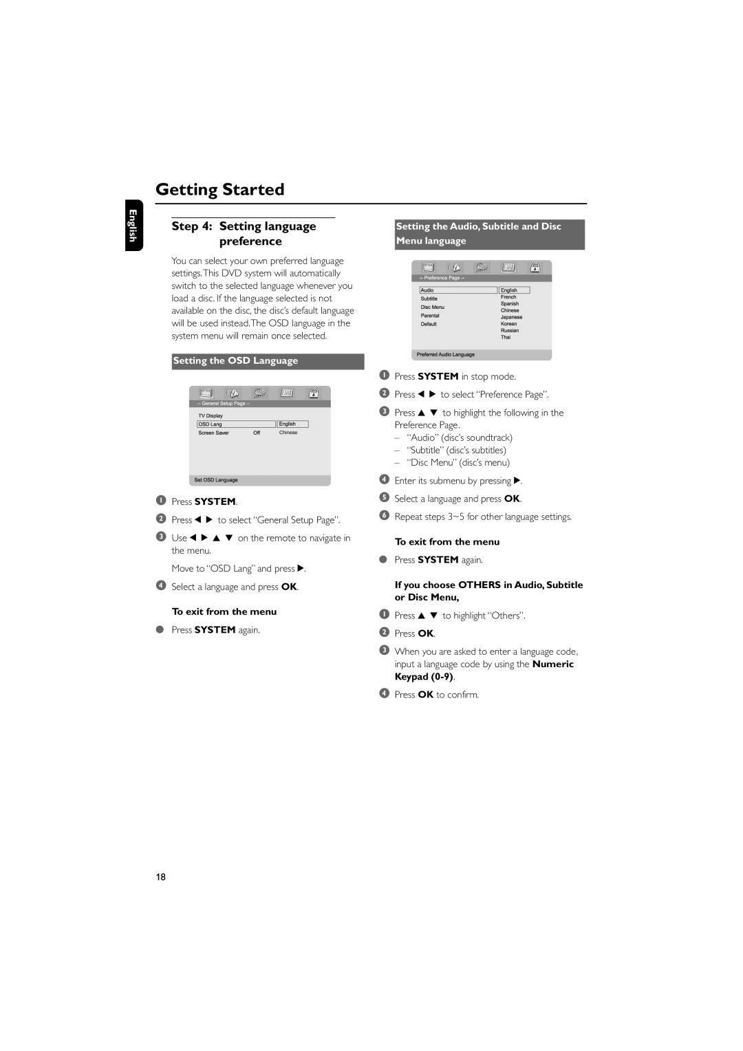 Philips MCD735/93 manual Setting language preference, Setting the OSD Language, To exit from the menu 