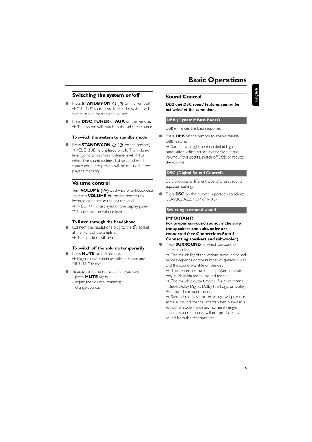 Philips MCD735/93 manual Basic Operations, Switching the system on/off, Volume control, Sound Control 