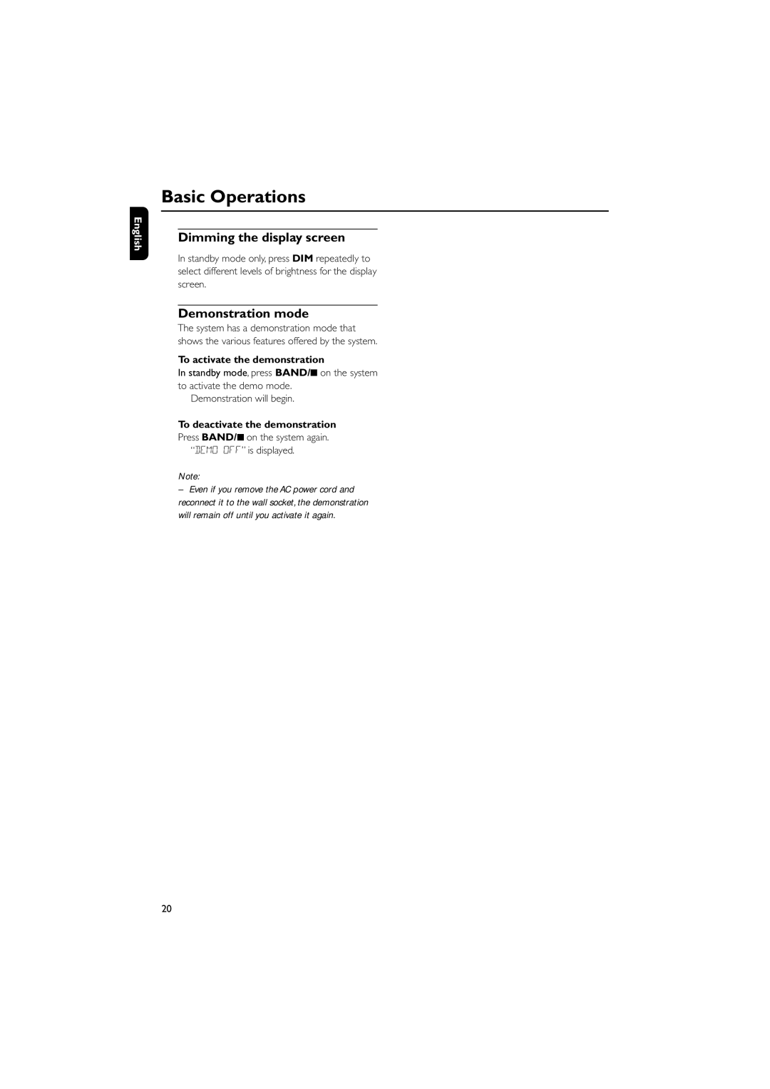 Philips MCD735/93 manual Dimming the display screen, Demonstration mode, To activate the demonstration 