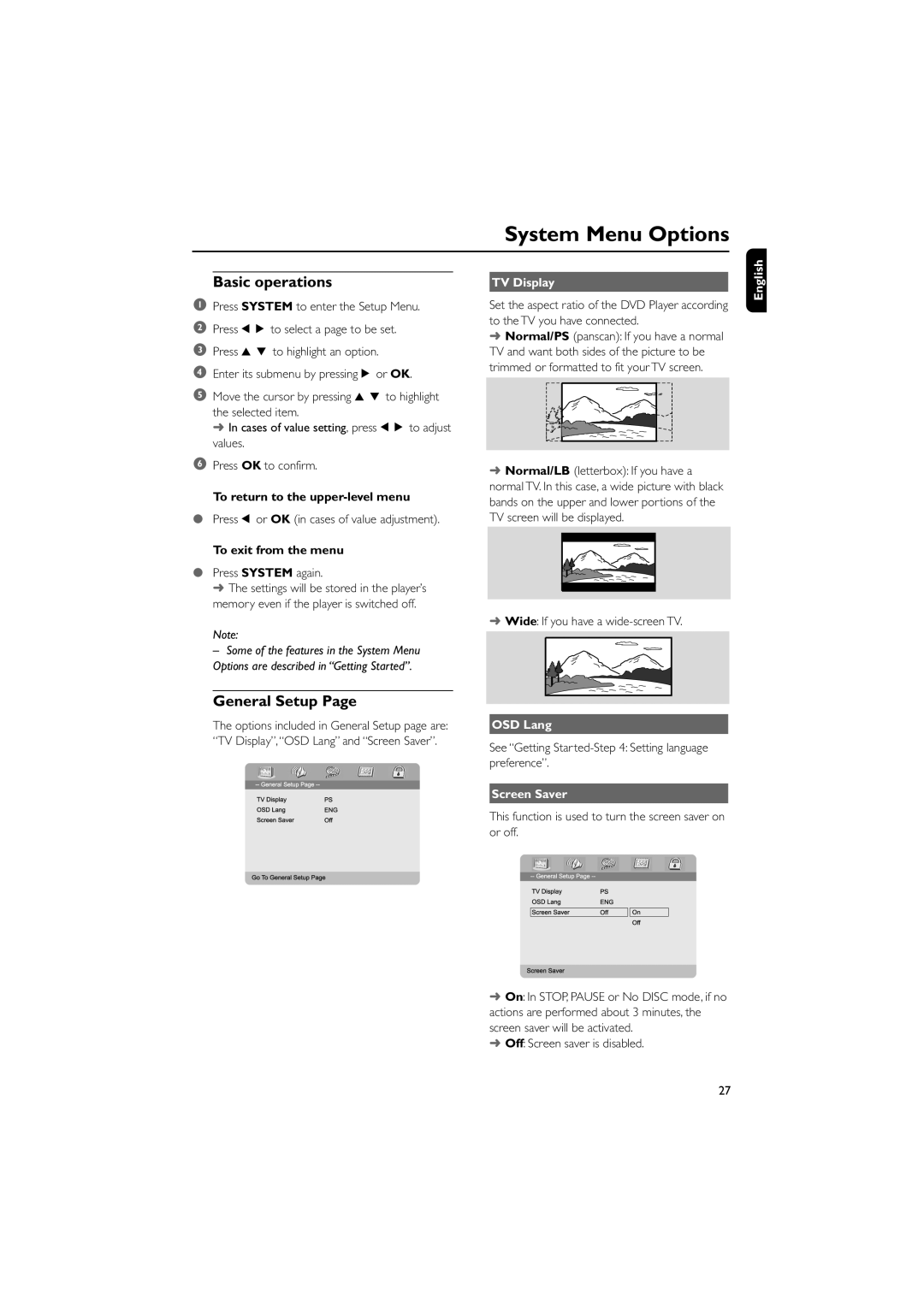 Philips MCD735/93 manual System Menu Options, Basic operations, General Setup 