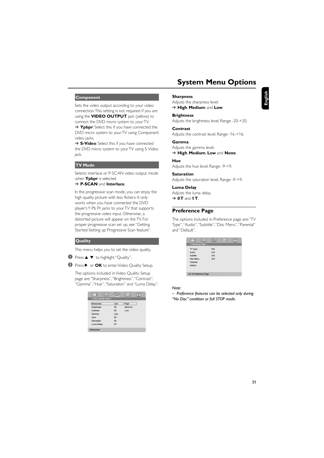 Philips MCD735/93 manual Preference, Component, TV Mode, Quality 