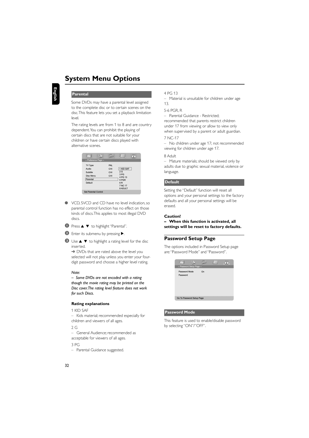 Philips MCD735/93 manual Password Setup, English Parental, Default, Rating explanations, Password Mode 