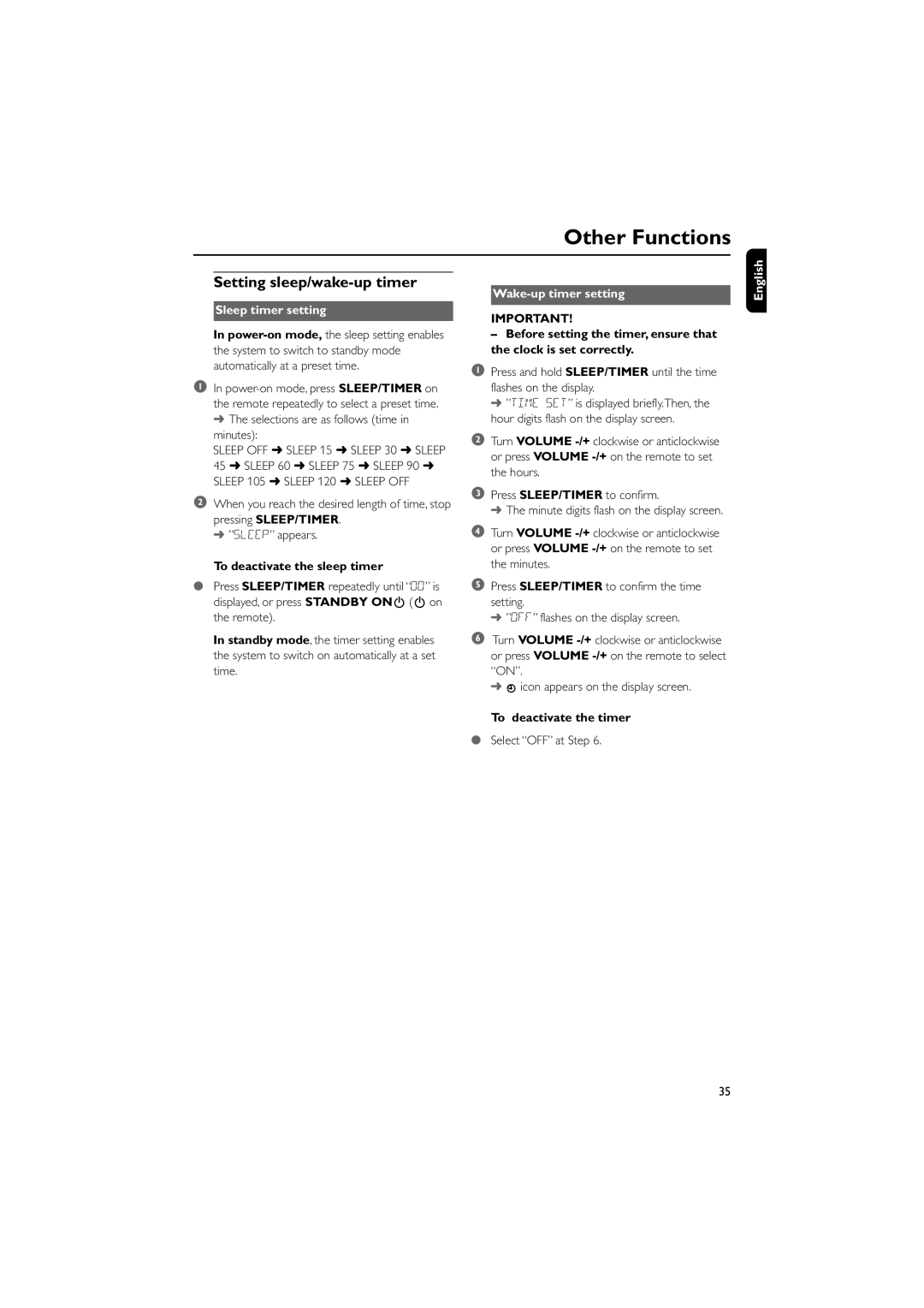 Philips MCD735/93 Setting sleep/wake-up timer, Sleep timer setting, To deactivate the sleep timer, Wake-up timer setting 