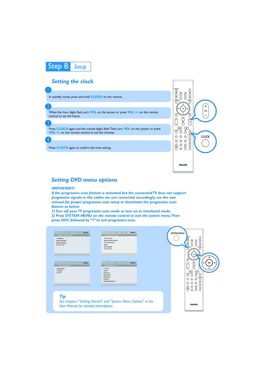 Philips MCD750/93 quick start Setting the clock, Setting DVD menu options 