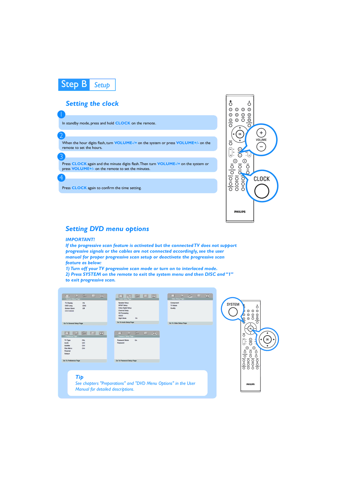 Philips MCD759/98 quick start Setting the clock, Setting DVD menu options, Tip 