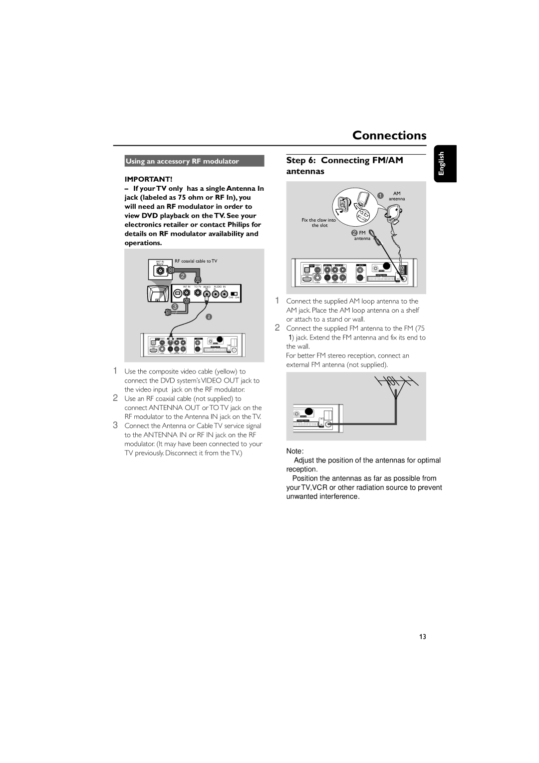 Philips MCD759D Connecting FM/AM antennas, Using an accessory RF modulator, Use the composite video cable yellow to 