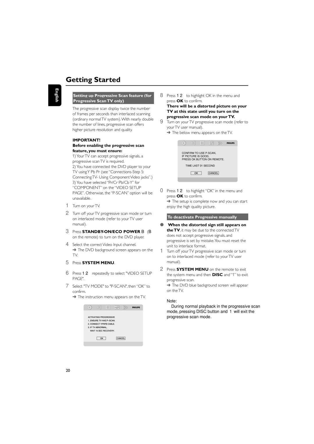 Philips MCD759D Progressive scan mode on your TV, Below menu appears on the TV, To deactivate Progressive manually 