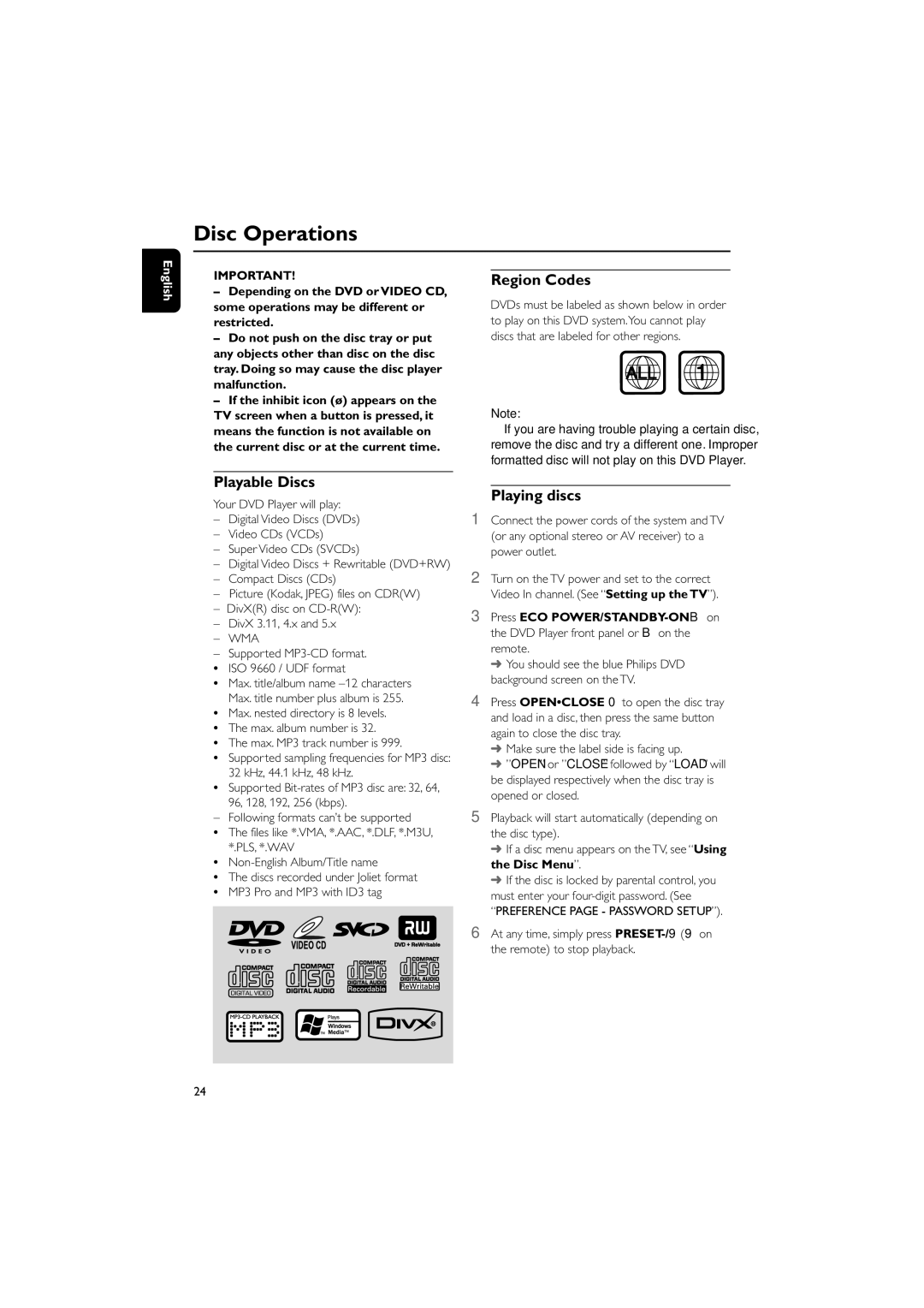 Philips MCD759D quick start Disc Operations, Playable Discs, Region Codes, Playing discs 