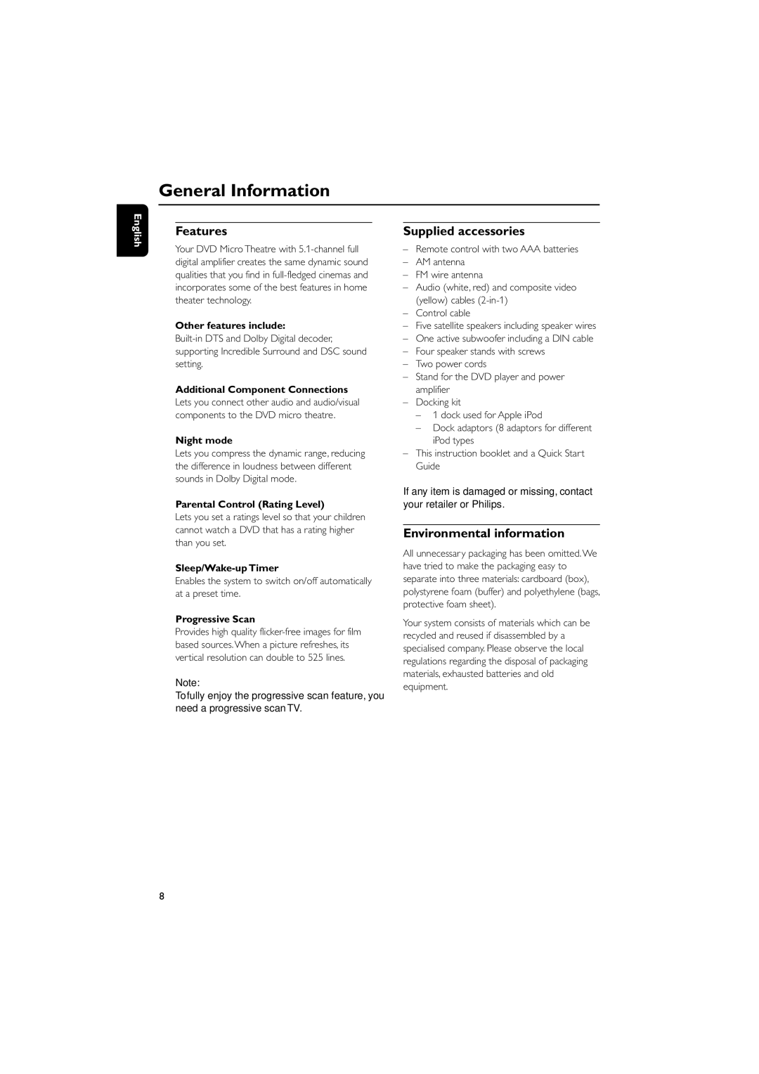 Philips MCD759D quick start General Information, Features, Supplied accessories, Environmental information 