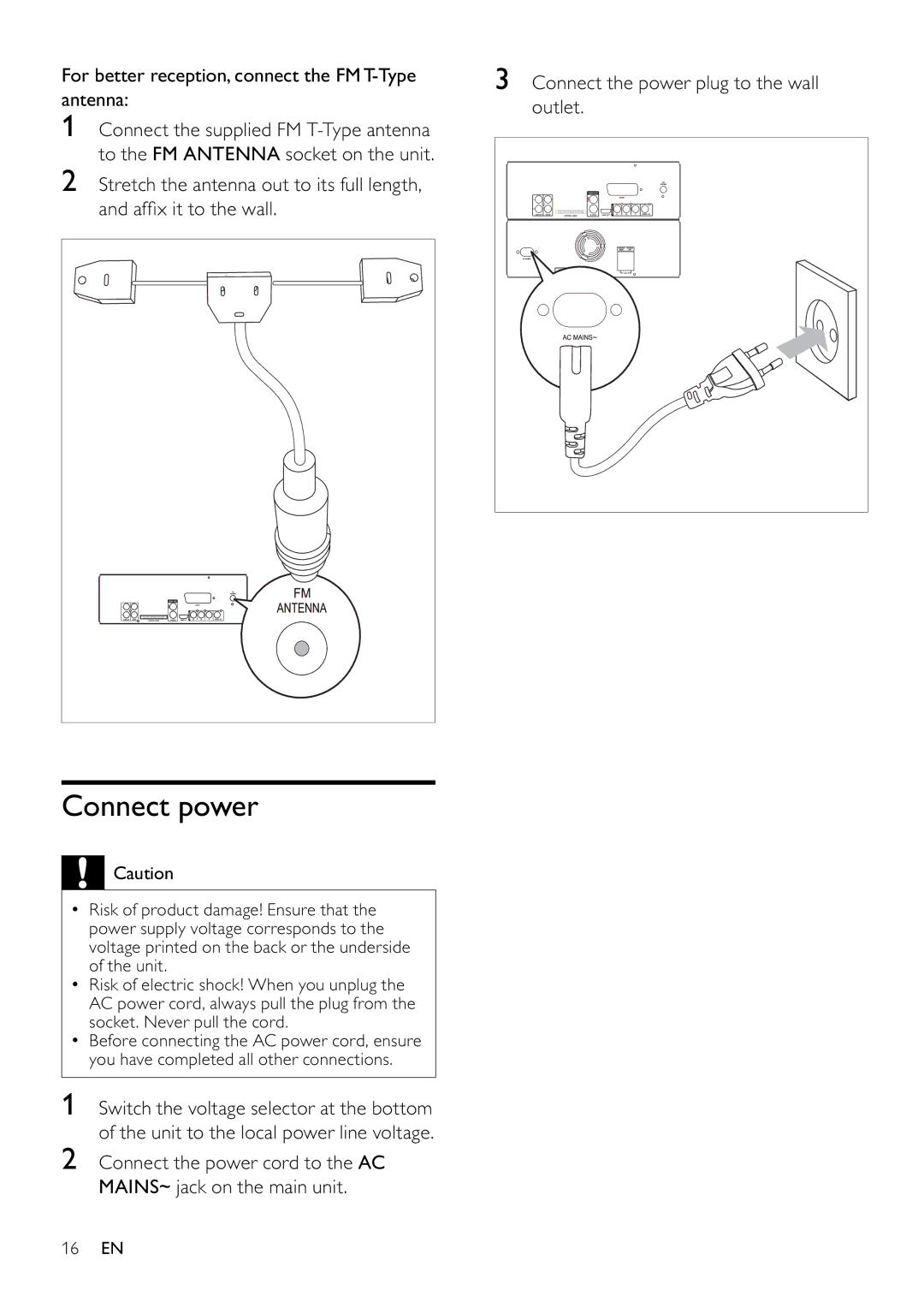 Philips MCD802/98 user manual Connect power, For better reception, connect the FM T-Type antenna 