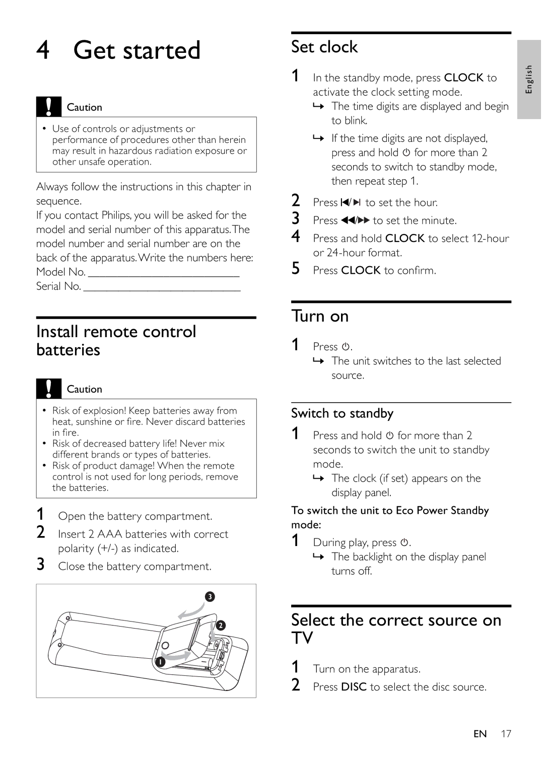 Philips MCD802/98 Get started, Install remote control batteries, Set clock, Turn on, Select the correct source on 