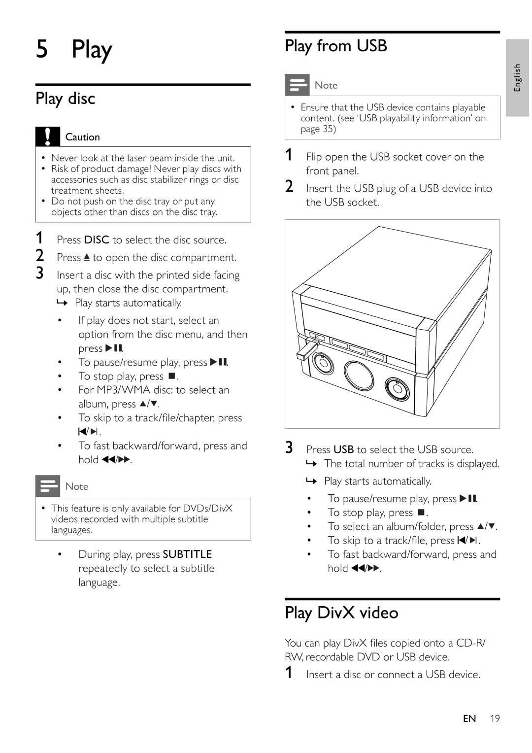 Philips MCD802/98 user manual Play disc, Play from USB, Play DivX video, Insert a disc or connect a USB device 