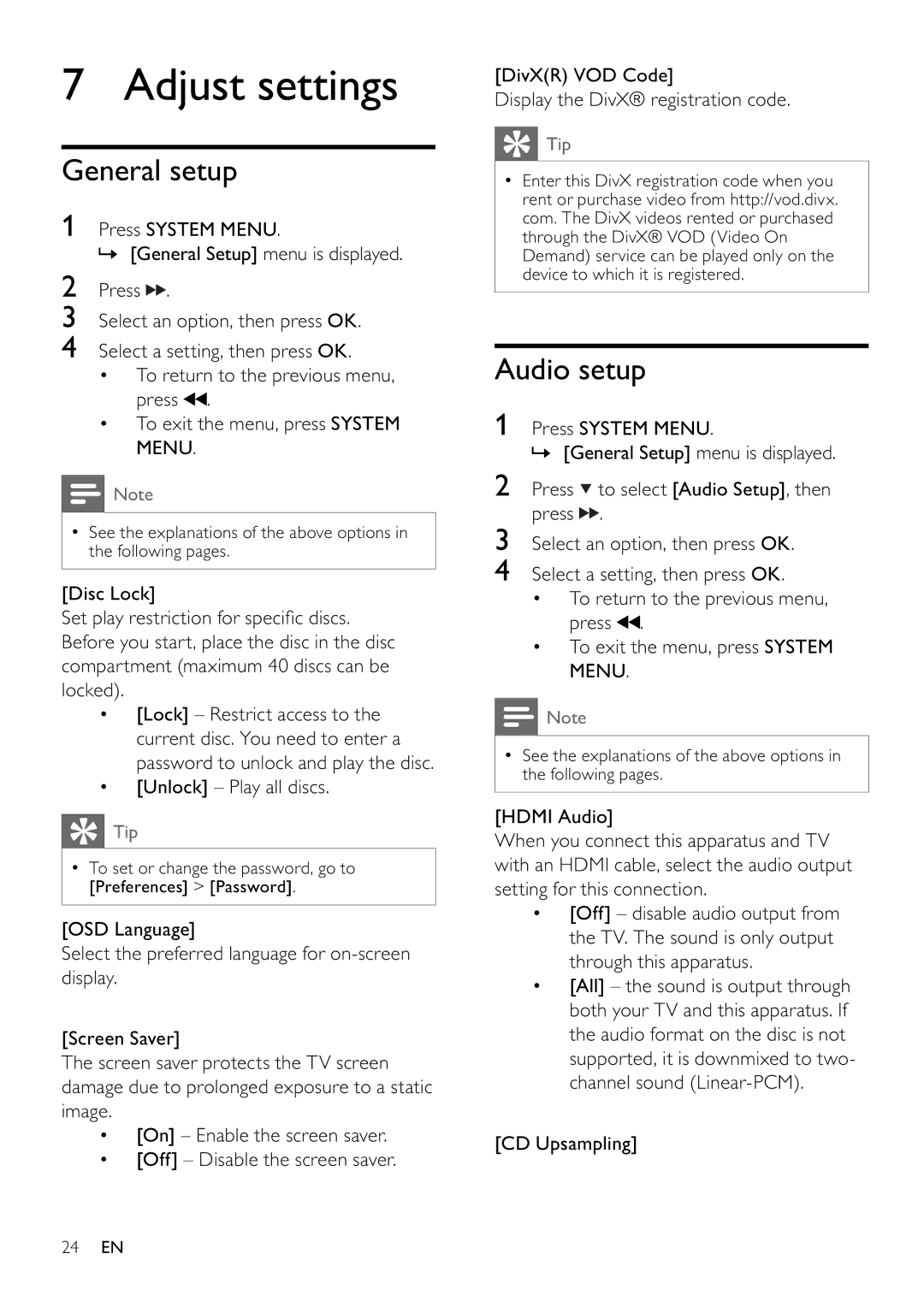 Philips MCD802/98 user manual Adjust settings, General setup, Audio setup, Unlock Play all discs 