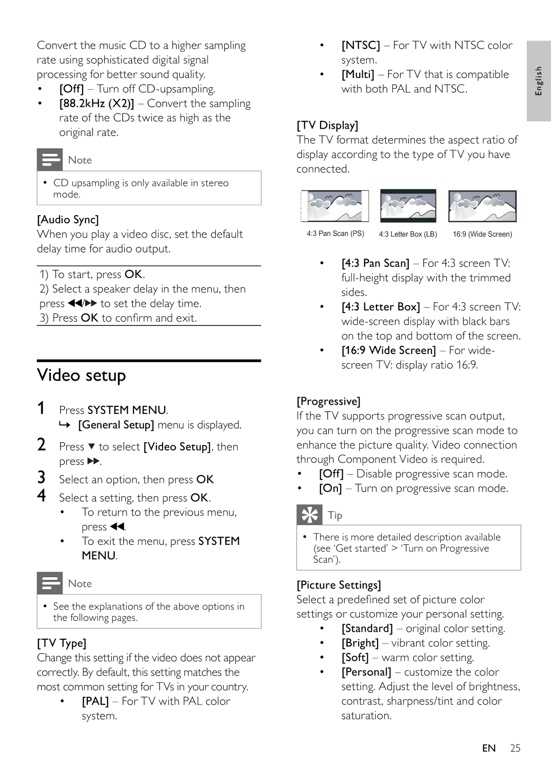 Philips MCD802/98 user manual Video setup, TV Type, With both PAL and Ntsc, Progressive, Picture Settings 