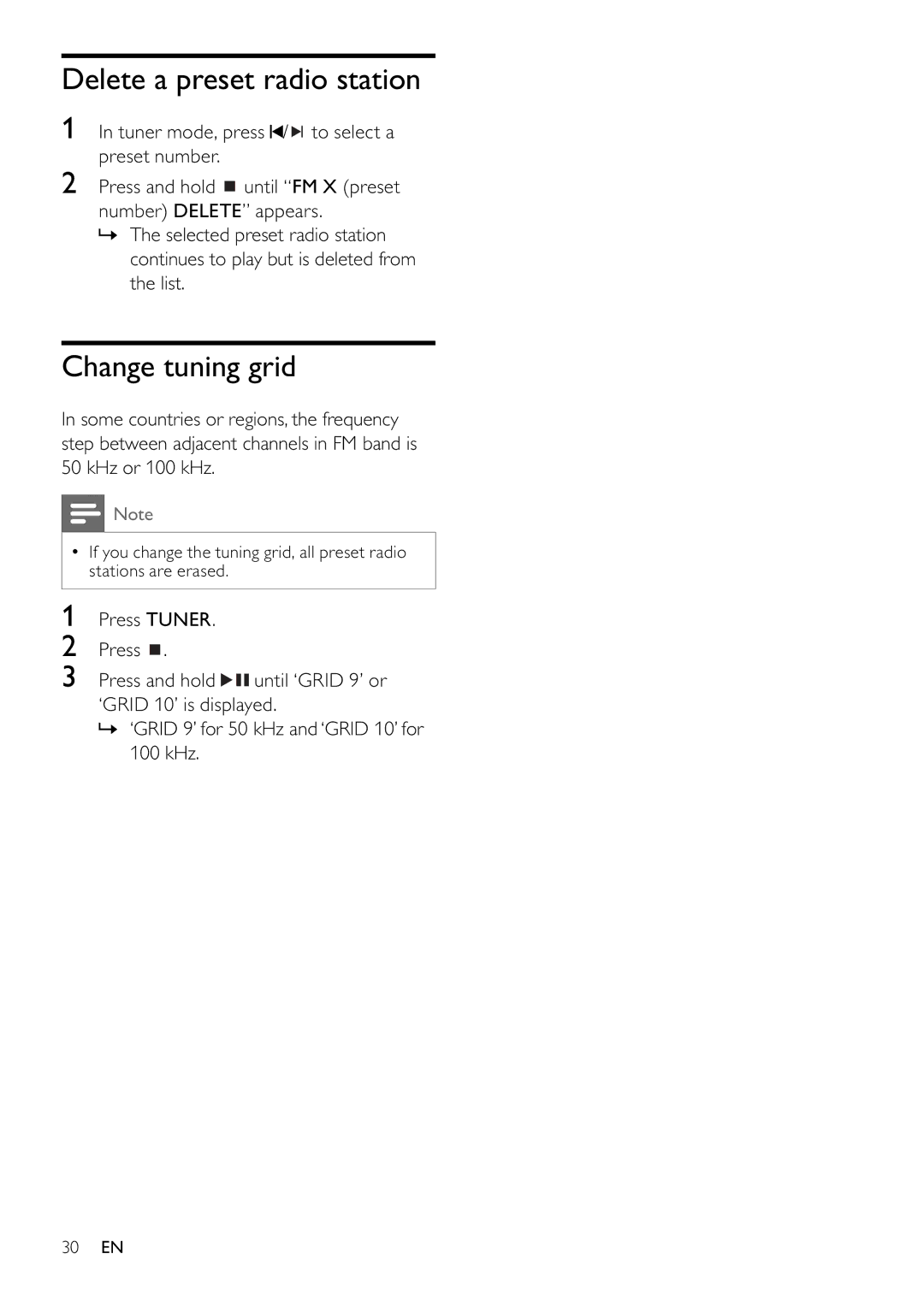 Philips MCD802/98 user manual Delete a preset radio station, Change tuning grid 