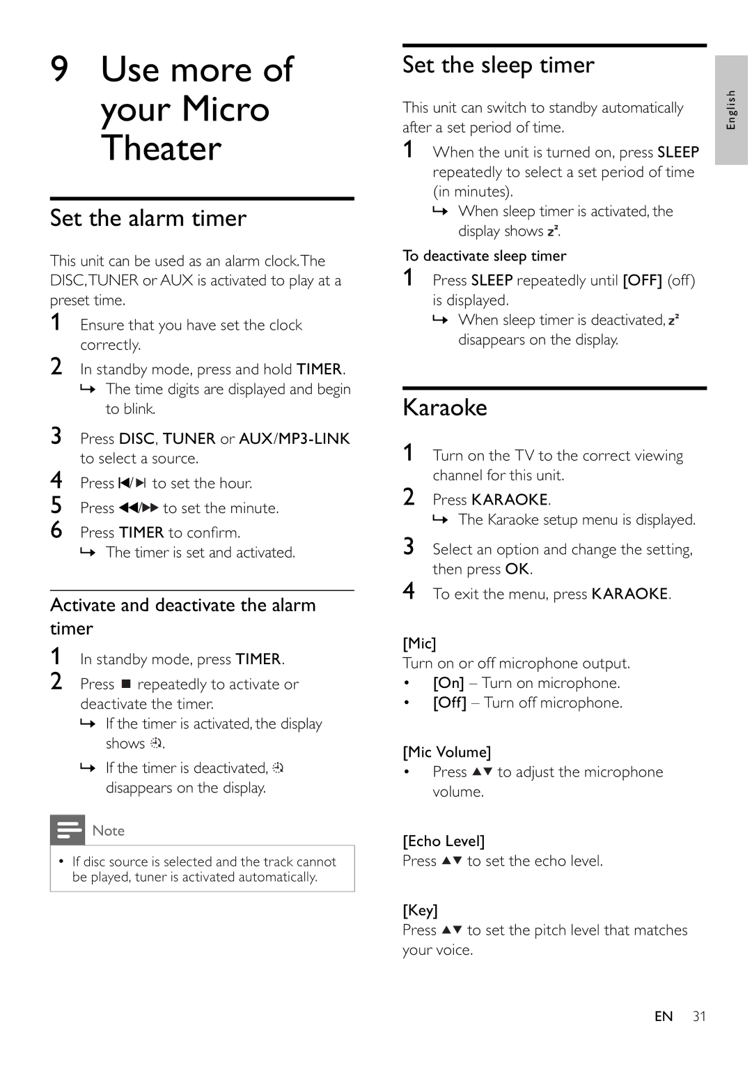 Philips MCD802/98 user manual Set the alarm timer, Set the sleep timer, Karaoke, Activate and deactivate the alarm timer 