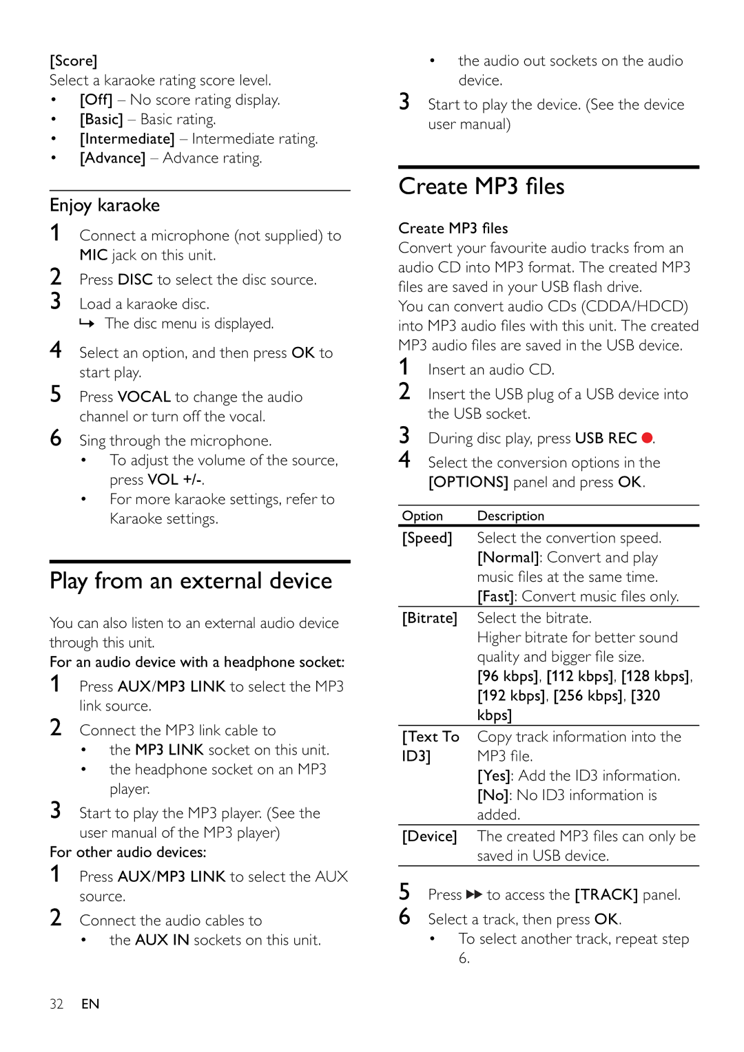 Philips MCD802/98 user manual Play from an external device, Create MP3 ﬁ les, Enjoy karaoke 