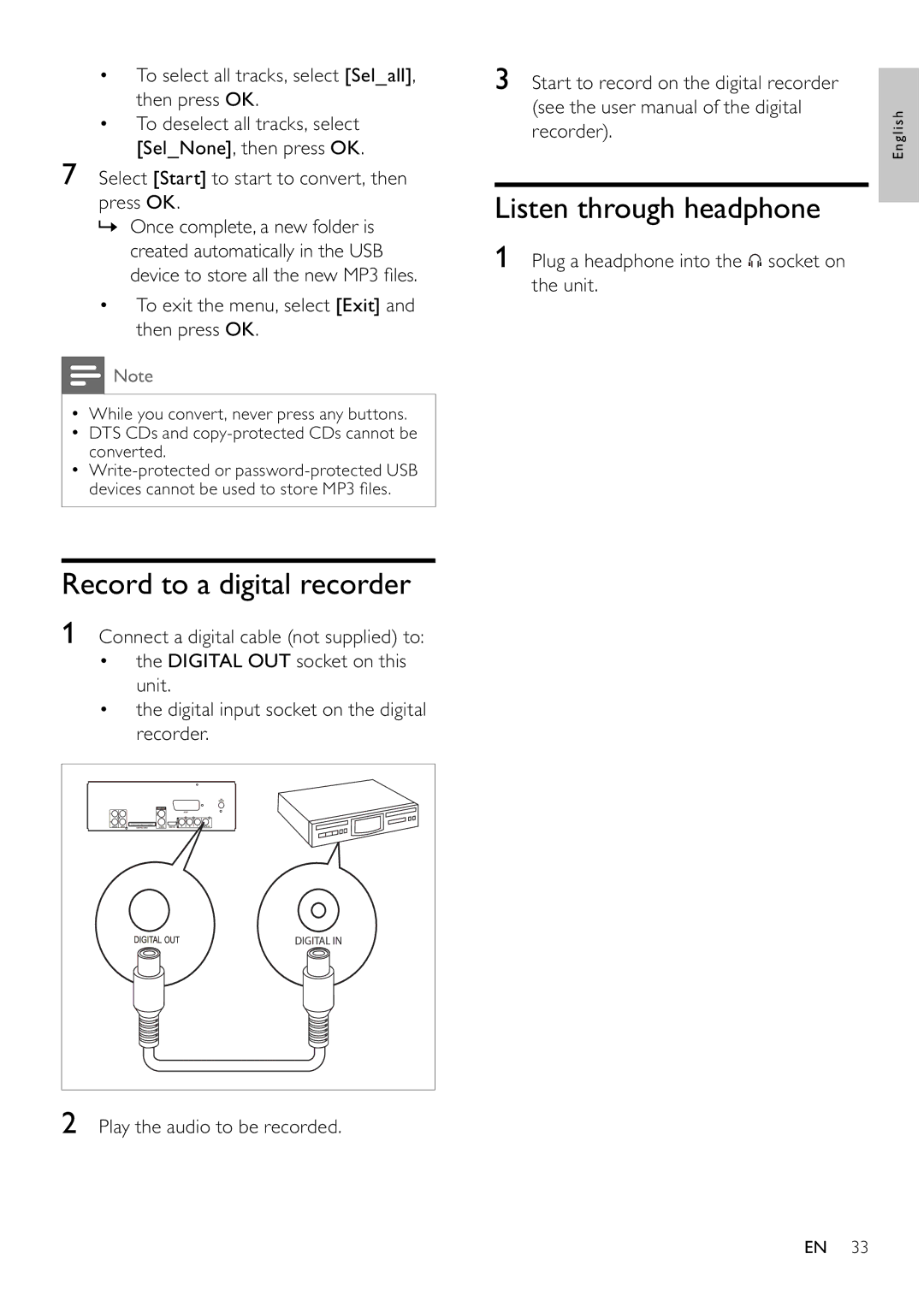 Philips MCD802/98 user manual Record to a digital recorder, Listen through headphone 