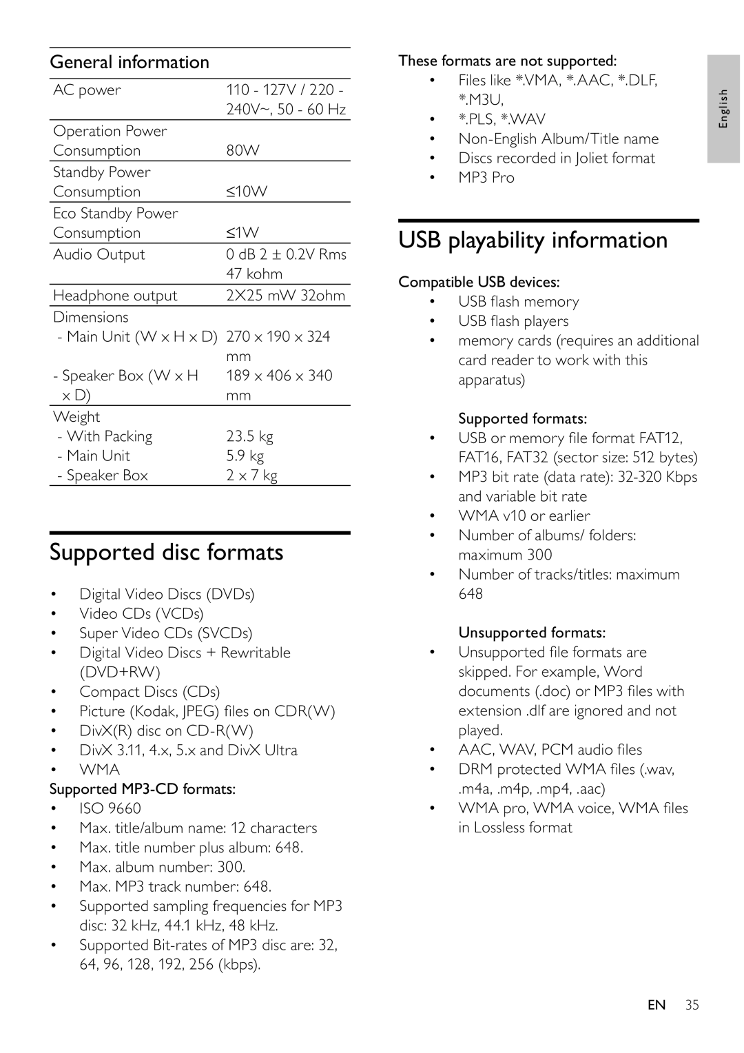 Philips MCD802/98 user manual Supported disc formats, USB playability information, General information 