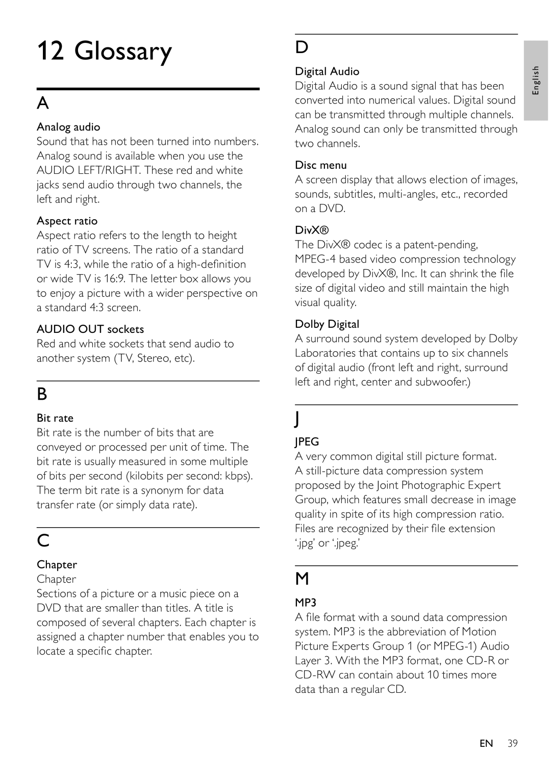 Philips MCD802/98 user manual Glossary, Jpeg 