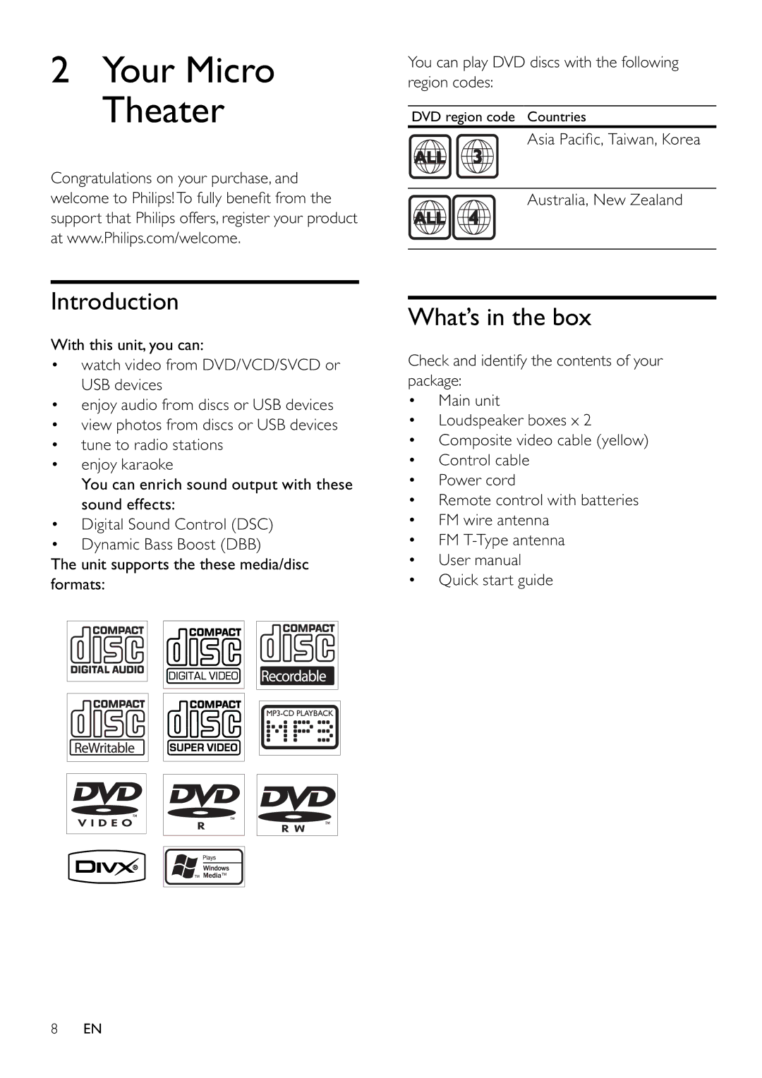 Philips MCD802/98 user manual Introduction, What’s in the box, You can play DVD discs with the following region codes 