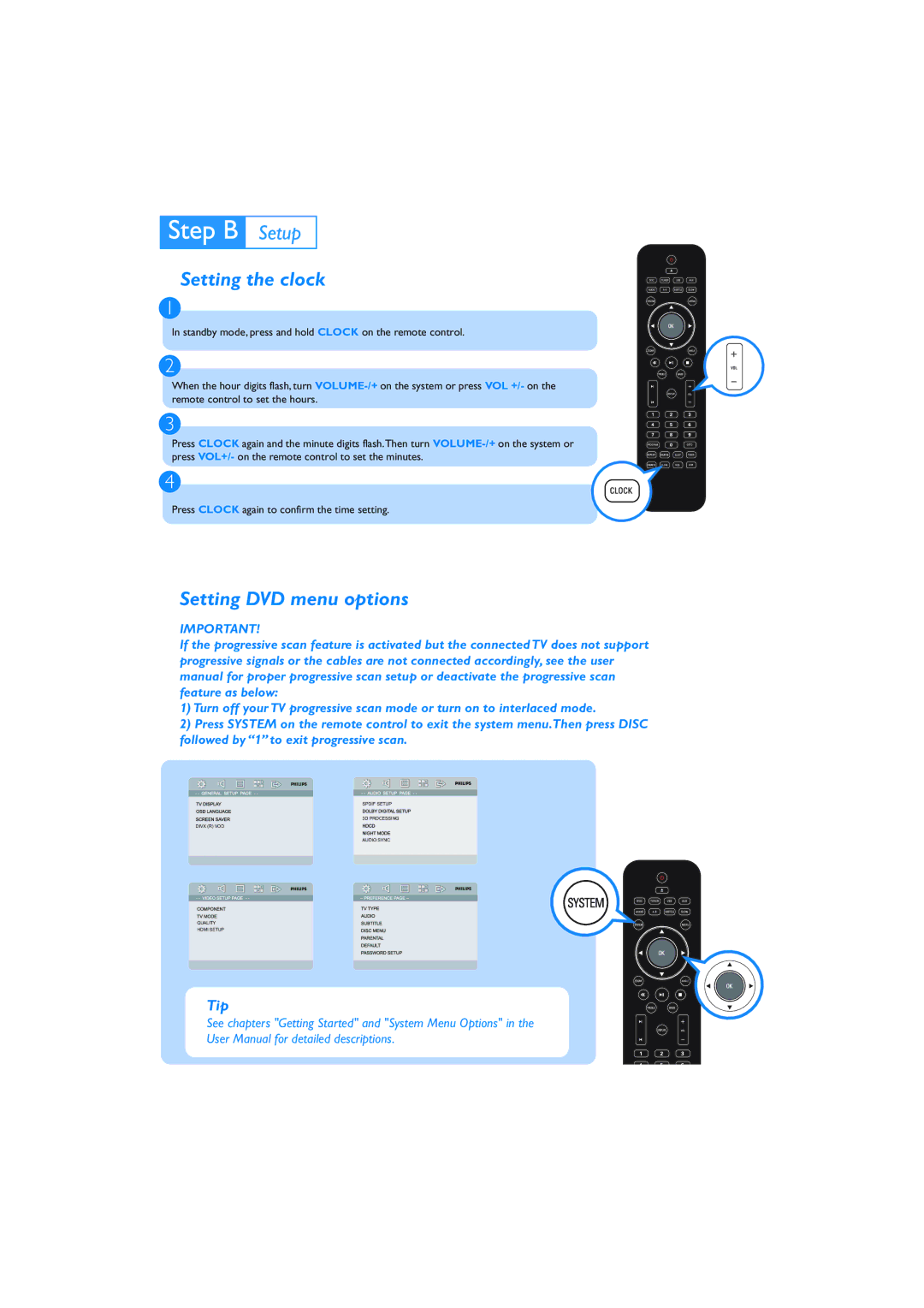 Philips MCD906/93 quick start Setting the clock, Setting DVD menu options 