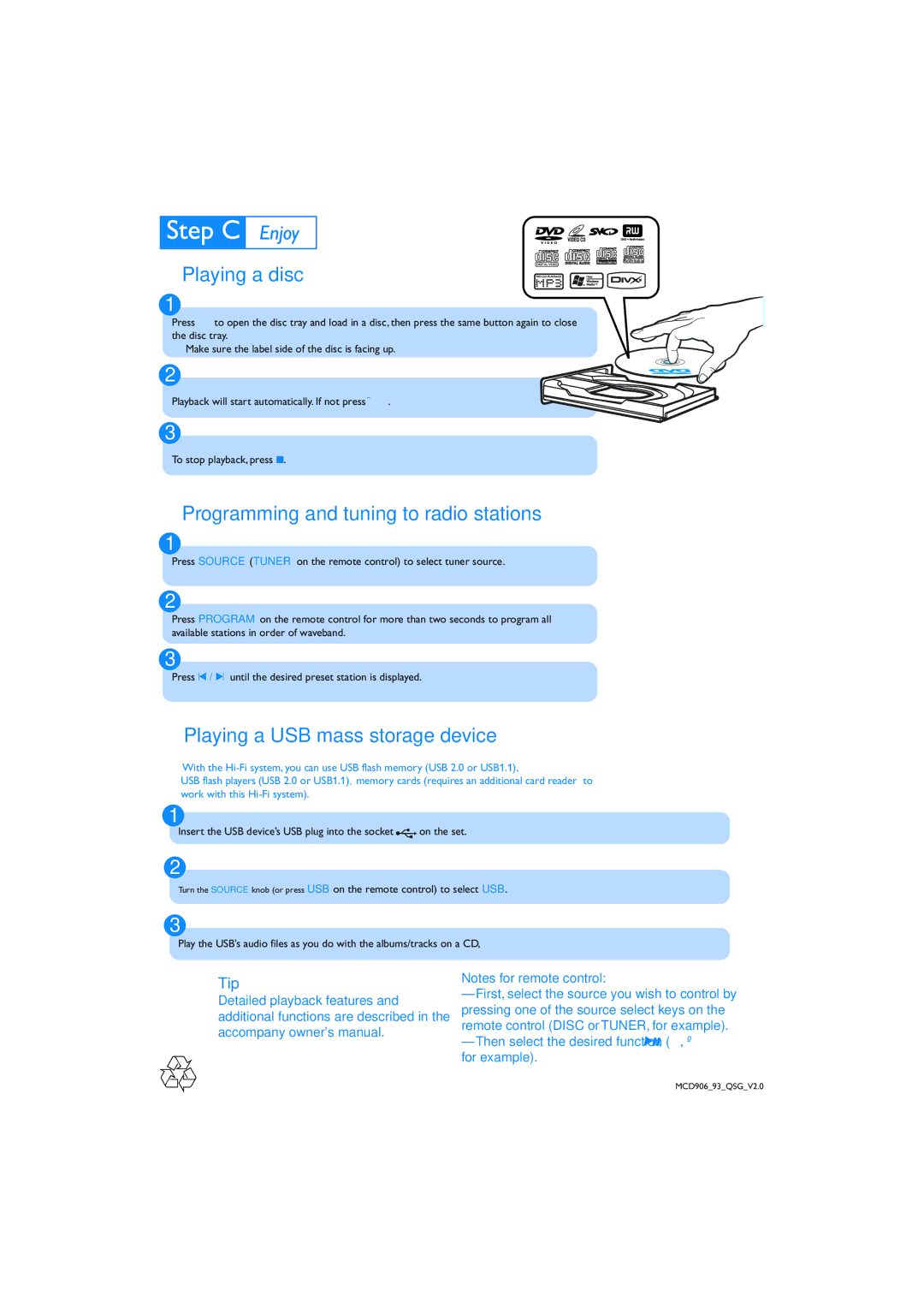 Philips MCD906/93 quick start Playing a disc, Programming and tuning to radio stations, Playing a USB mass storage device 