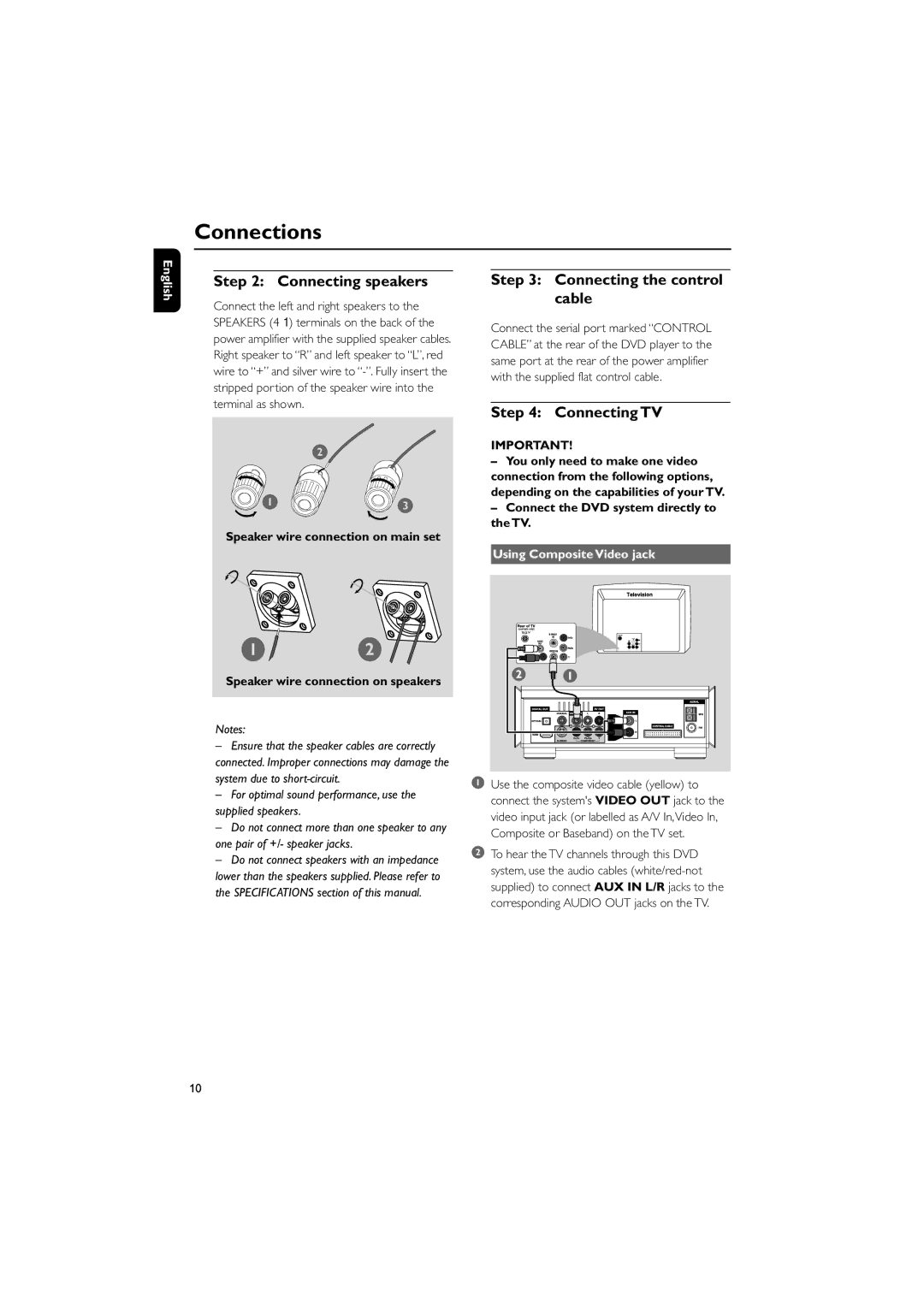 Philips MCD908 manual Connecting speakers, Connecting the control cable, Connecting TV, Using Composite Video jack 