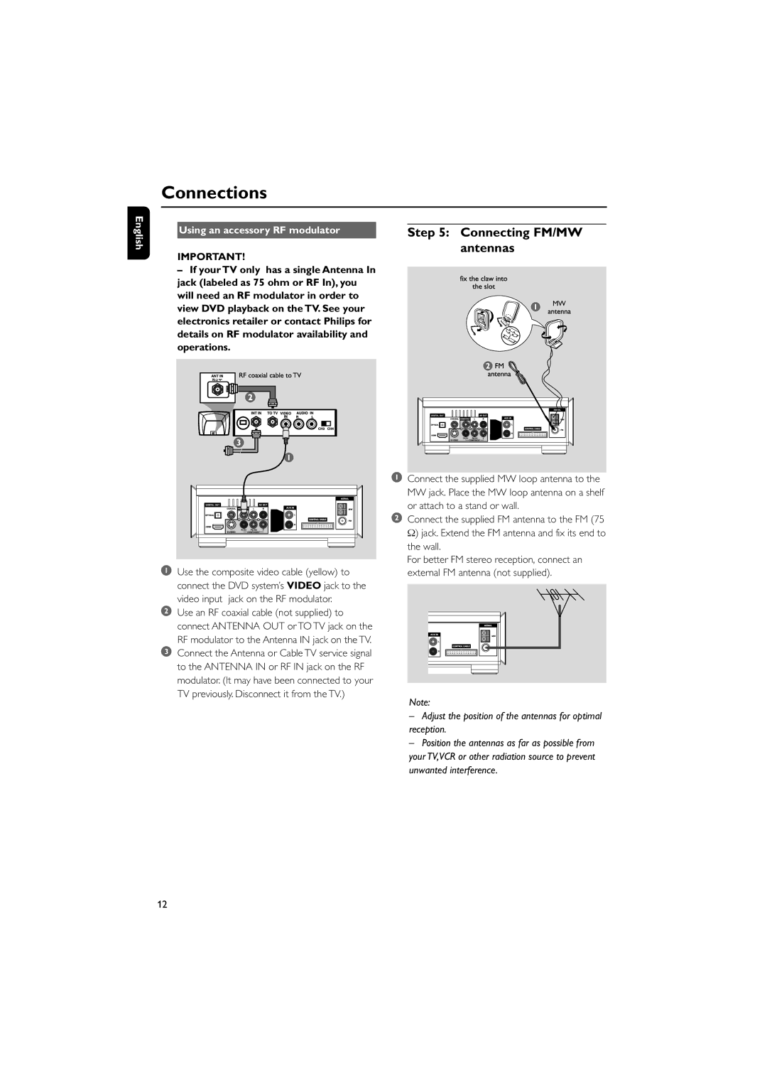 Philips MCD908 manual Connecting FM/MW antennas, English Using an accessory RF modulator 