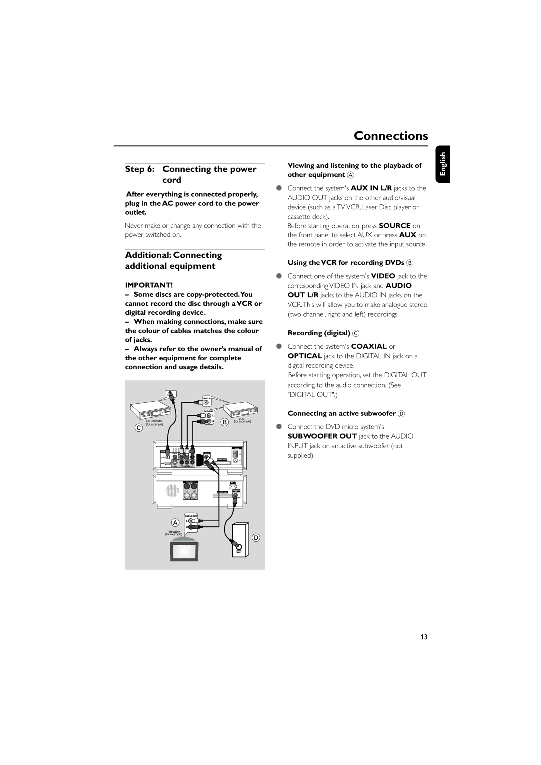 Philips MCD908 manual Connecting the power cord, Additional Connecting additional equipment, Recording digital C 