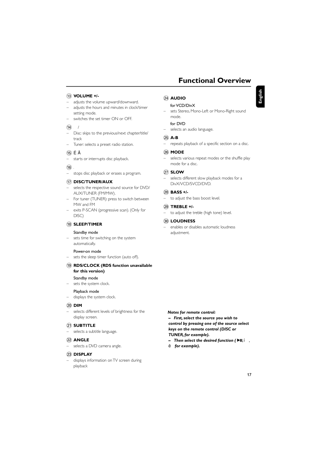 Philips MCD908 manual # Volume +, RDS/CLOCK RDS function unavailable for this version, ∞ A-B, Bass +, Treble +, Loudness 