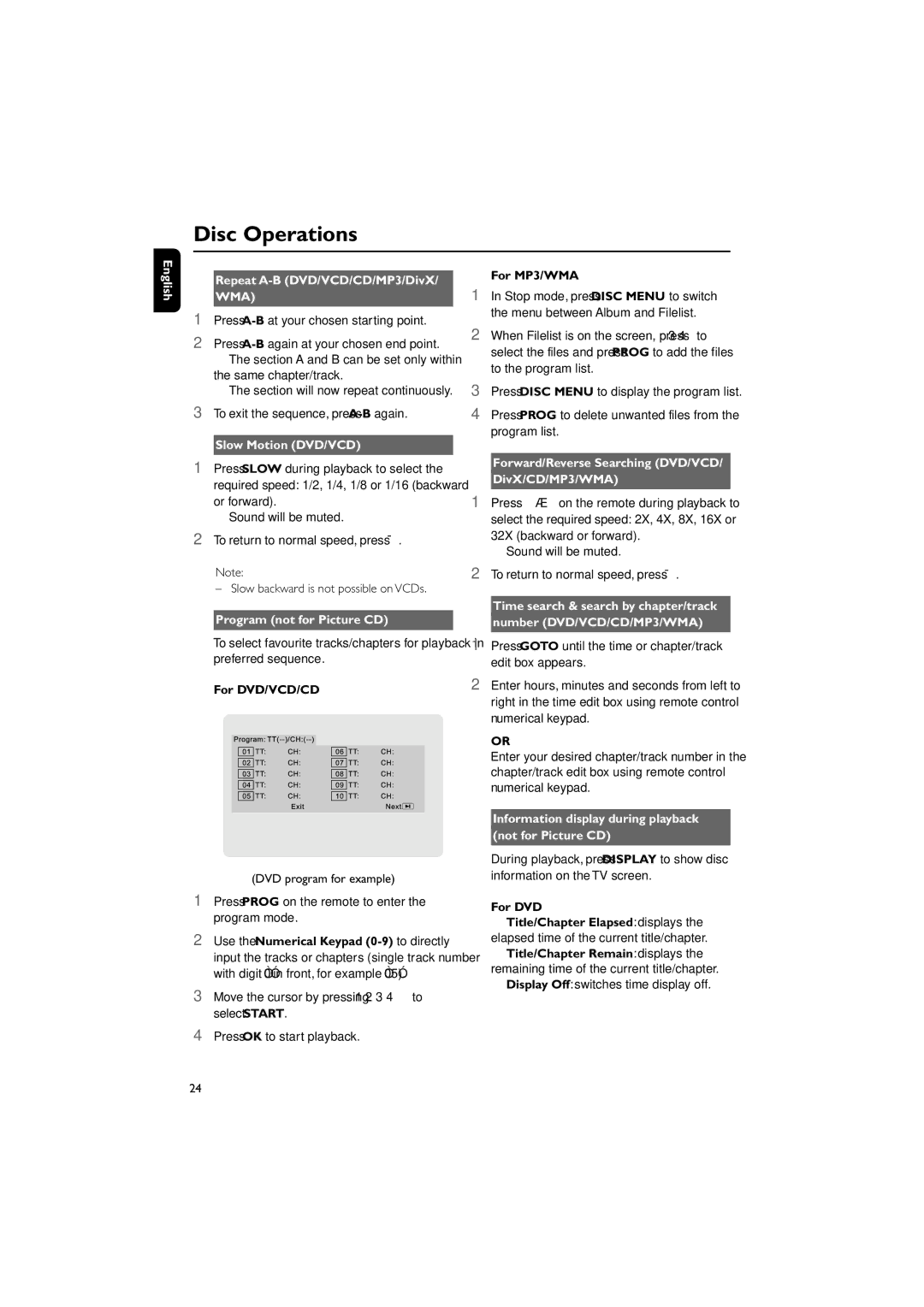 Philips MCD908 manual English Repeat A-B DVD/VCD/CD/MP3/DivX, Slow Motion DVD/VCD, Program not for Picture CD 