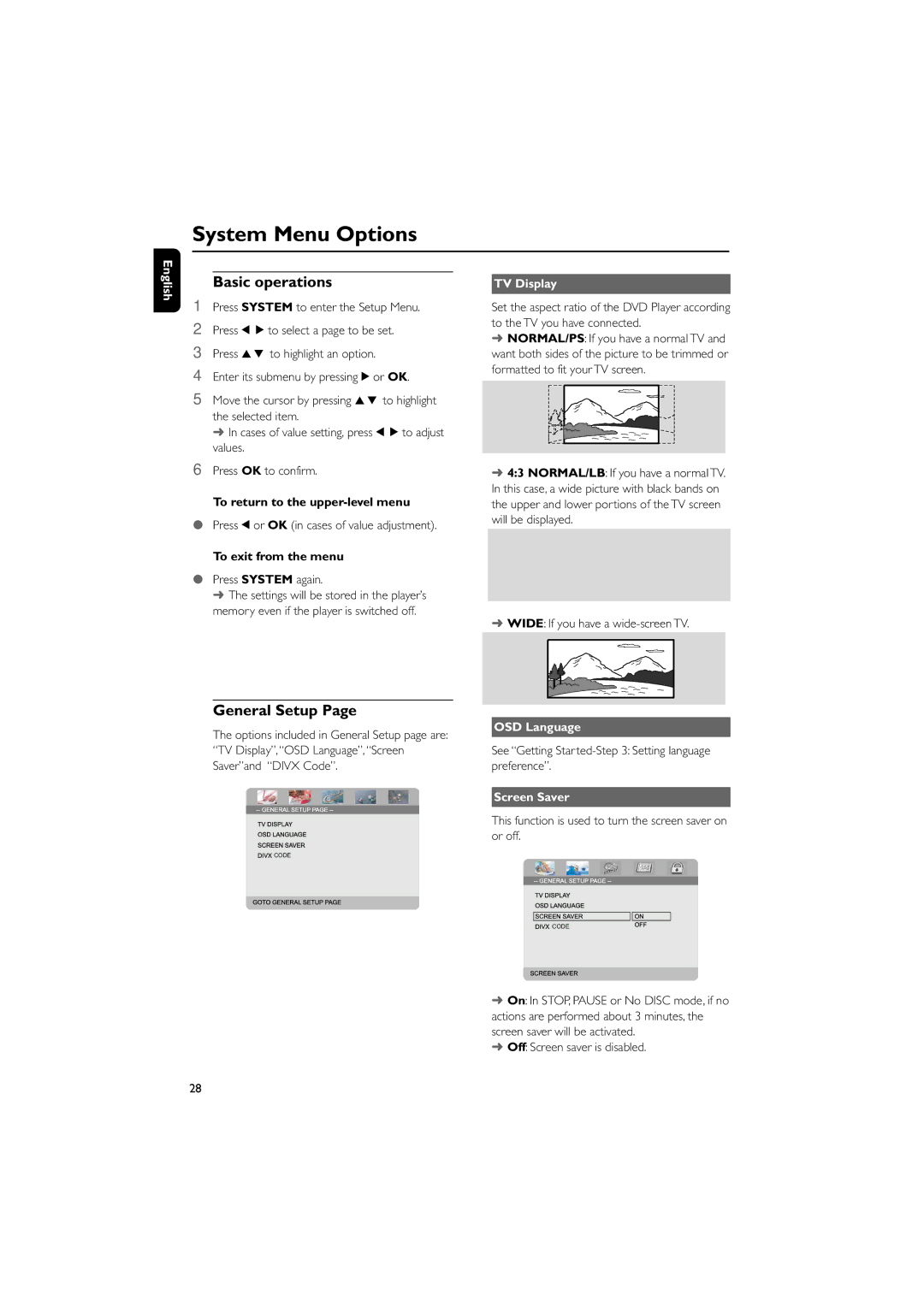 Philips MCD908 manual System Menu Options, Basic operations, General Setup 