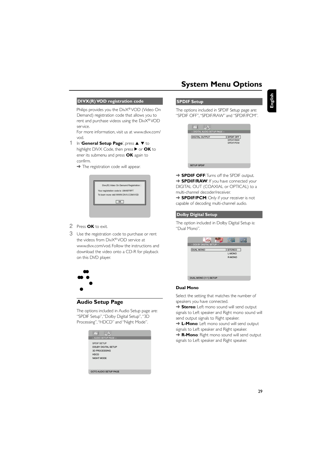 Philips MCD908 manual Audio Setup, Divxr VOD registration code, Spdif Setup, Dolby Digital Setup, Dual Mono 