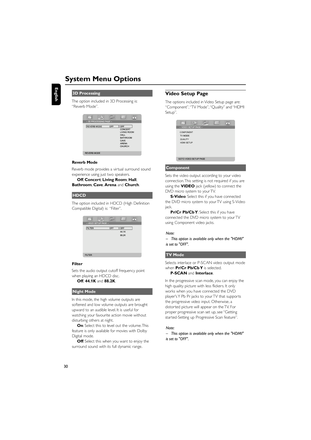 Philips MCD908 manual Video Setup, English 3D Processing, Night Mode, Component, TV Mode 