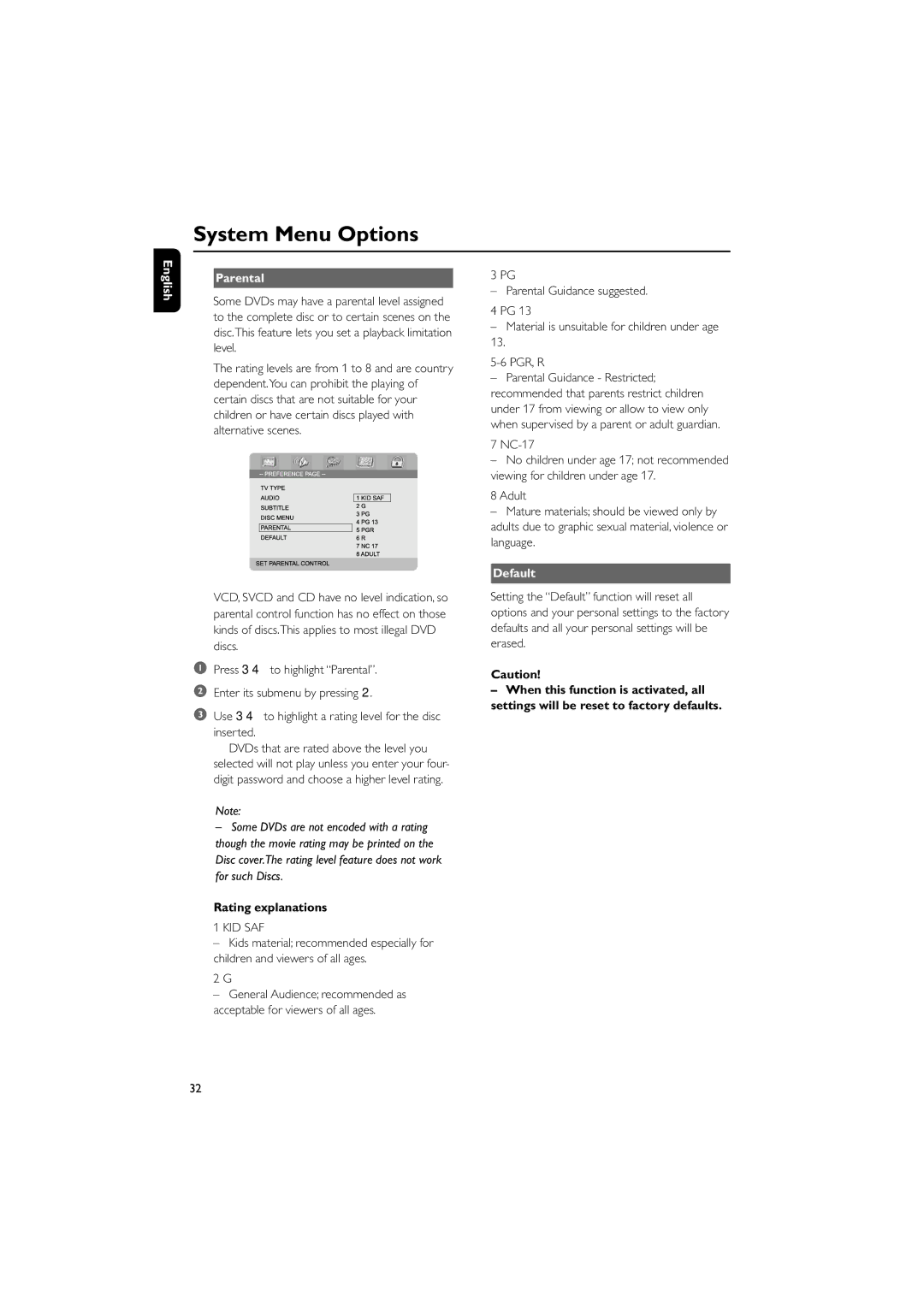 Philips MCD908 manual English Parental, Rating explanations, NC-17, Default 