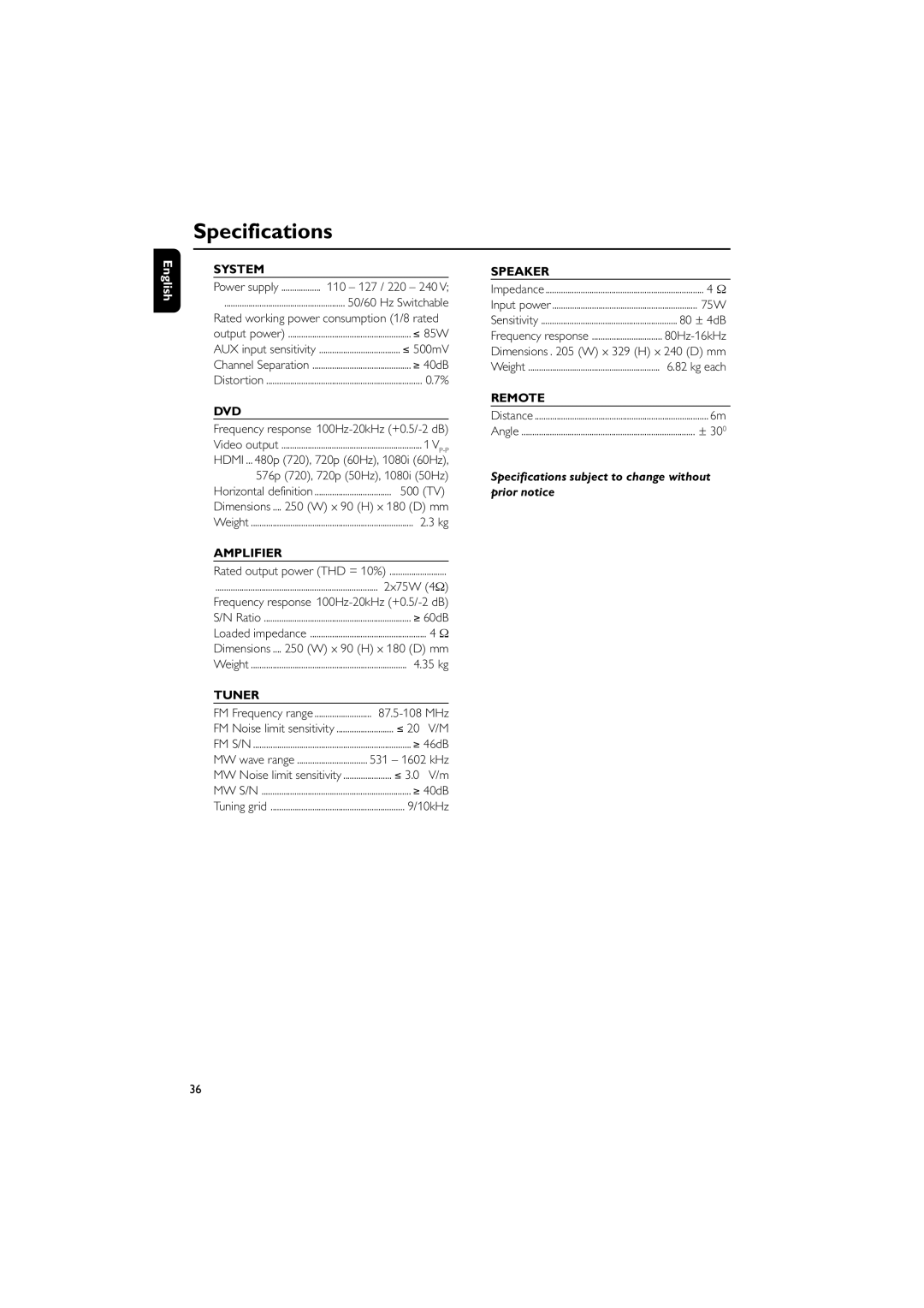 Philips MCD908 manual Specifications 