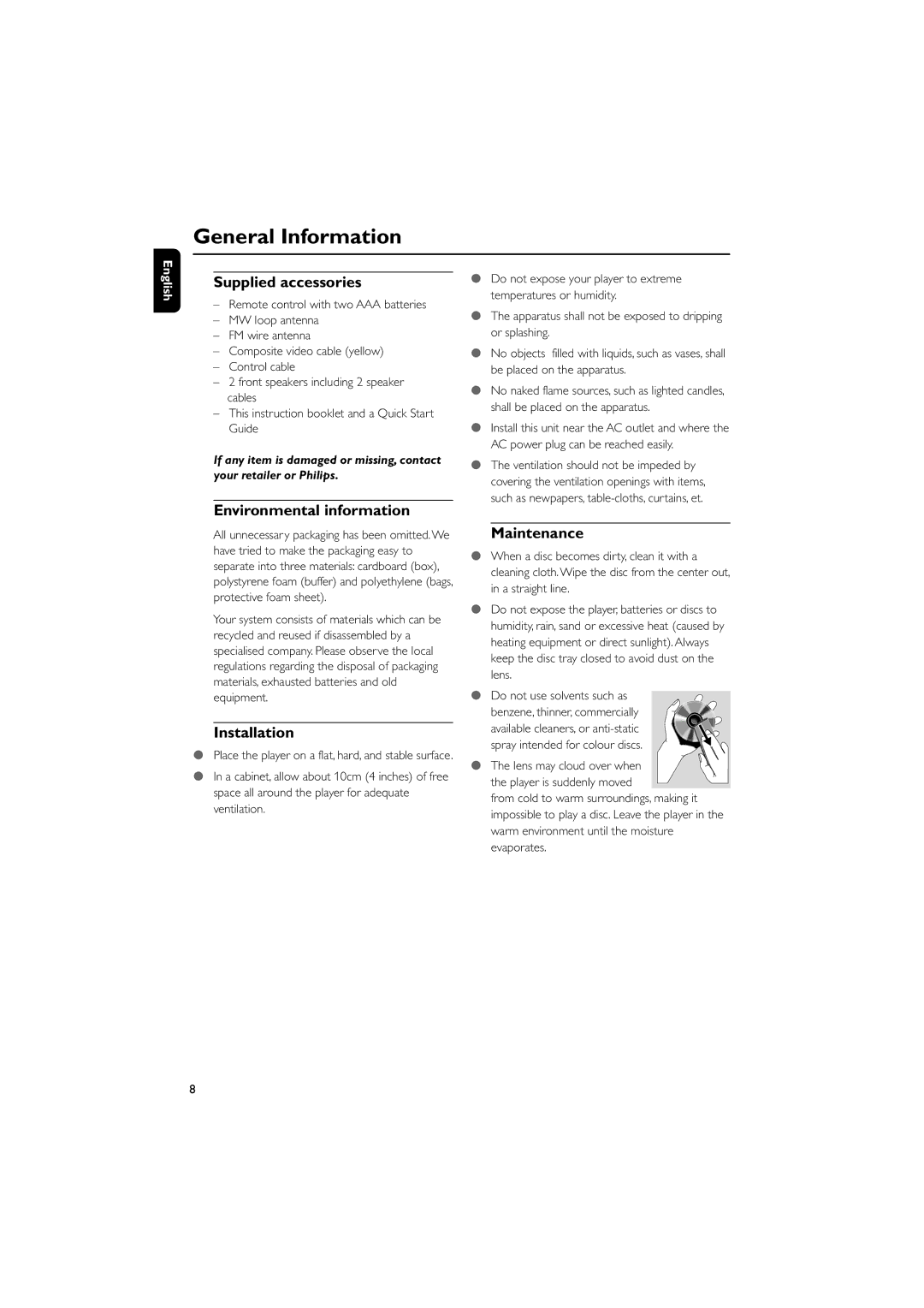 Philips MCD908 manual Supplied accessories, Environmental information, Installation, Maintenance 