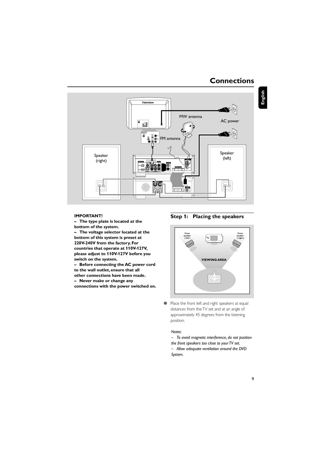 Philips MCD908 manual Connections, Placing the speakers, Type plate is located at the bottom of the system 