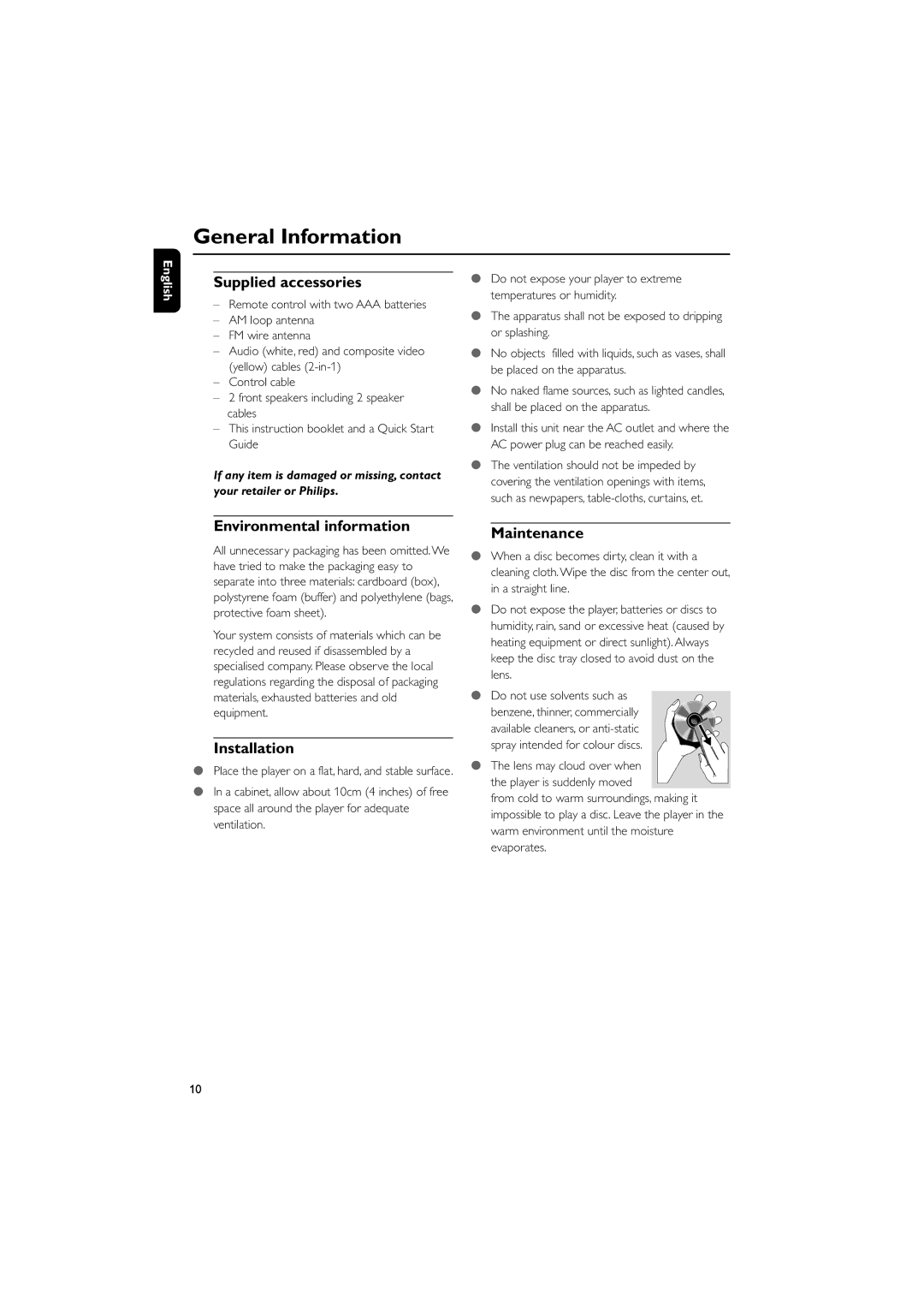 Philips MCD908/37 owner manual Supplied accessories, Environmental information, Installation, Maintenance 