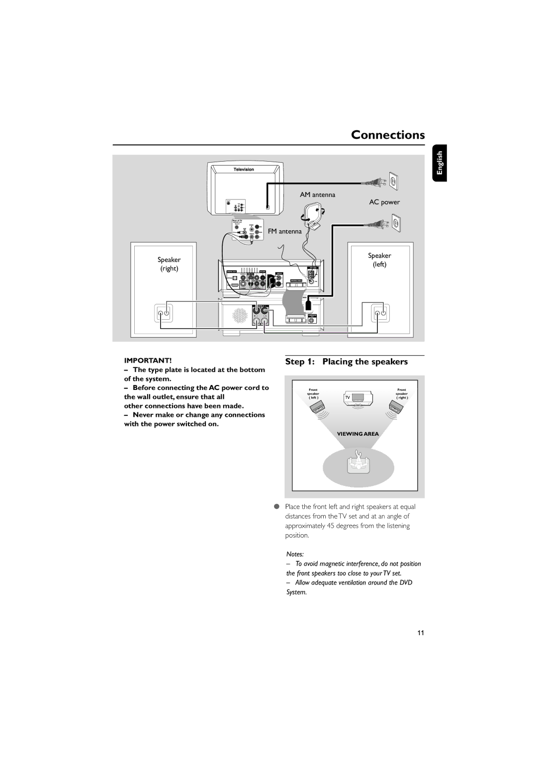 Philips MCD908/37 owner manual Connections, Placing the speakers 