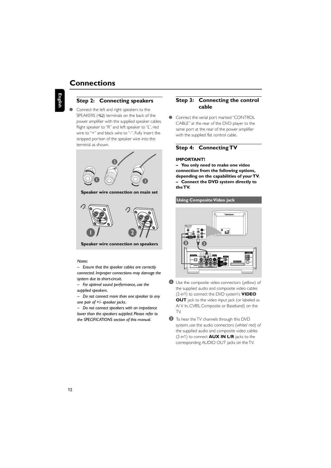 Philips MCD908/37 owner manual Connecting speakers, Connecting the control cable, Connecting TV, Using Composite Video jack 